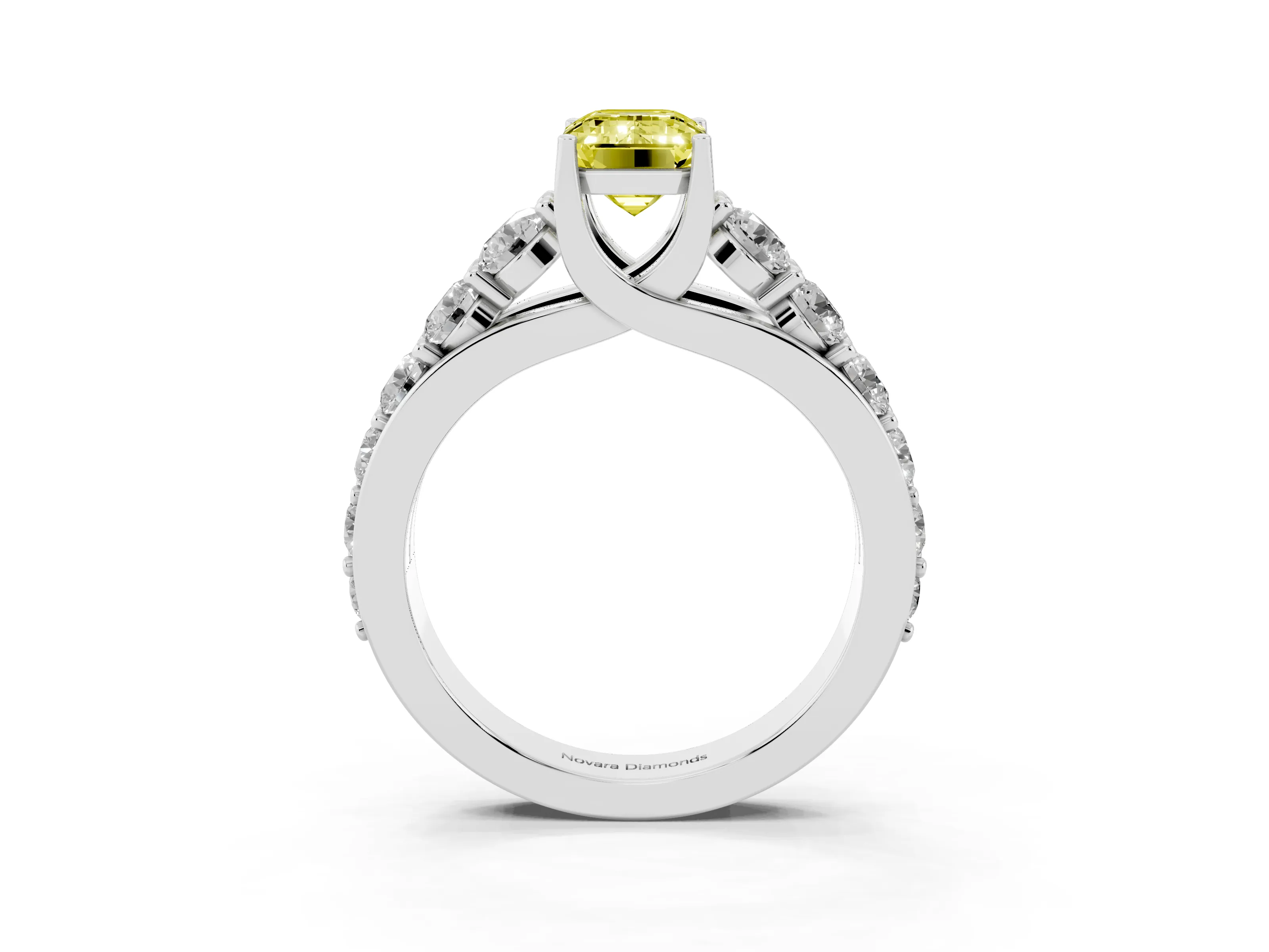 Fancy Yellow Emerald Cut Diamond Pavé Engagement Ring Set in Platinum with Prong Setting