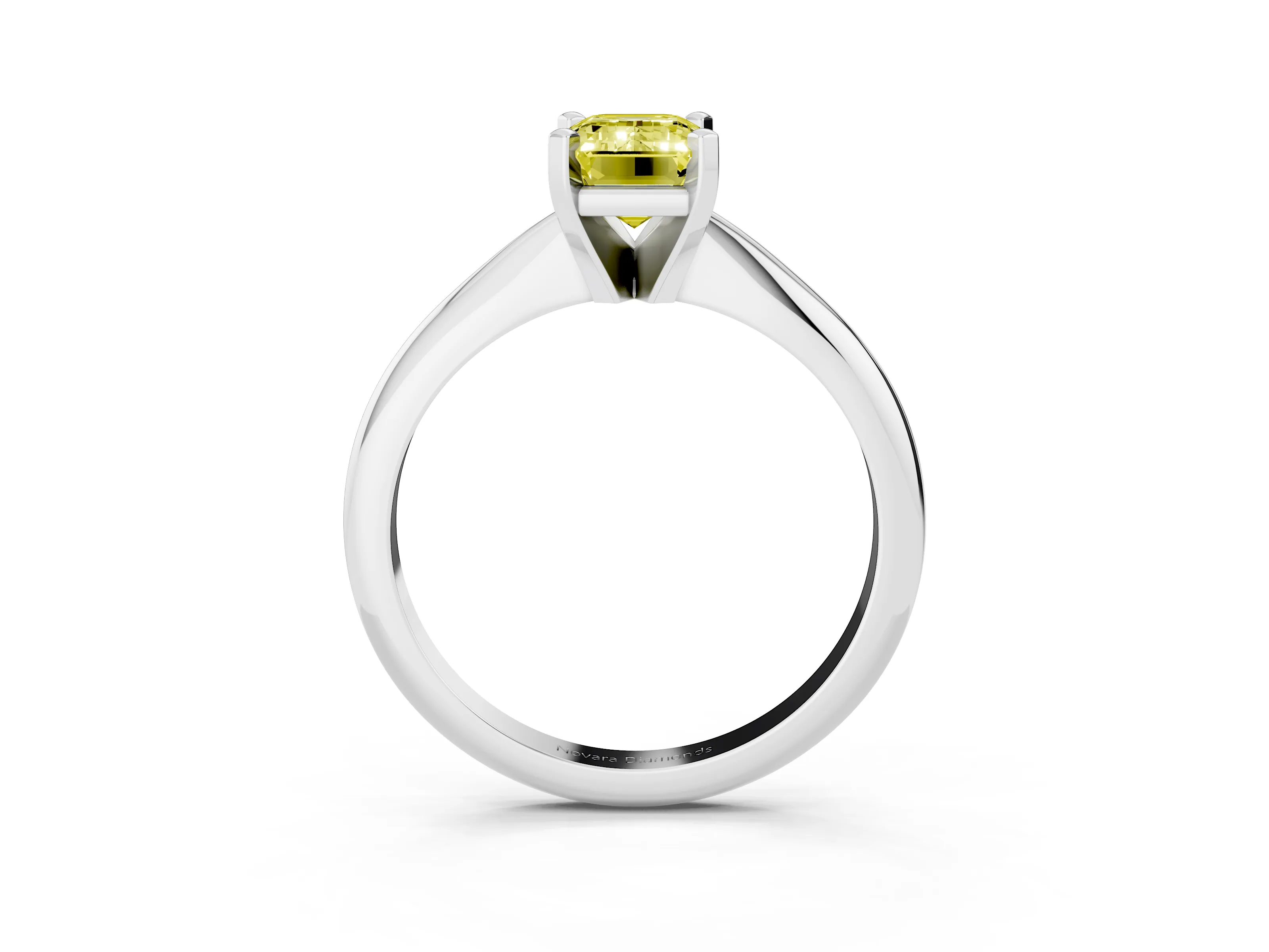 Fancy Yellow Emerald Cut Diamond Solitaire Ring Set in Silver with Prong Setting on a Plain Round Band