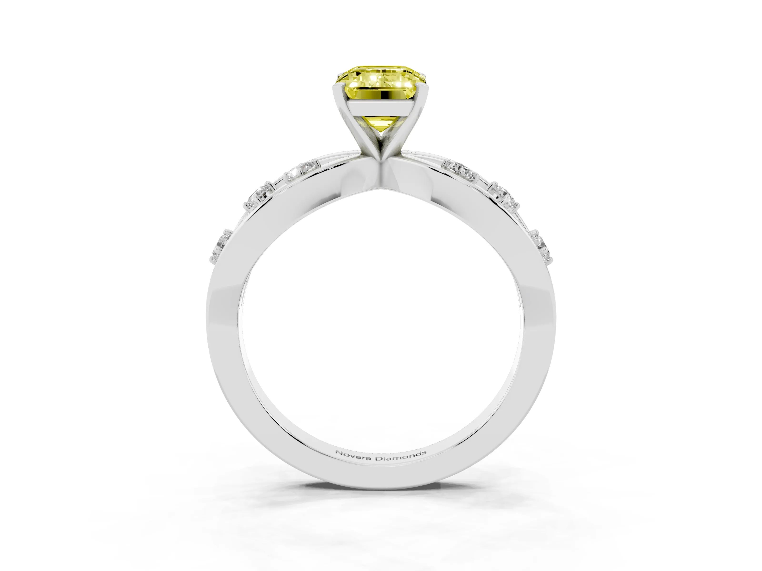 Fancy Yellow Emerald Cut Diamond Solitaire Ring Set in Platinum with Side Stones on Criss-Cross Band and Prong Setting