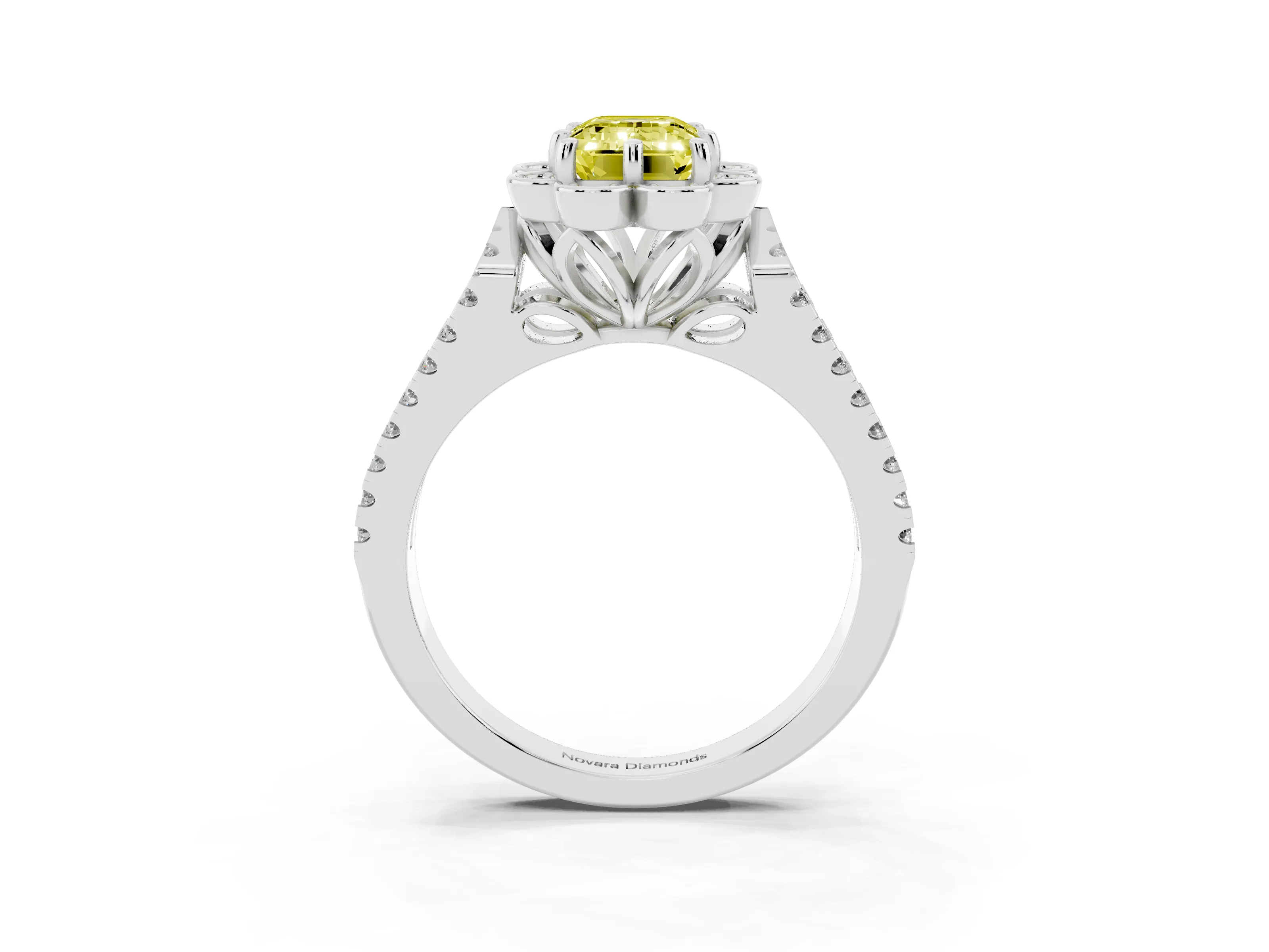 Fancy Yellow Emerald Cut Diamond Floral Halo Split Shank Engagement Ring Set in White gold with Pavé Shank