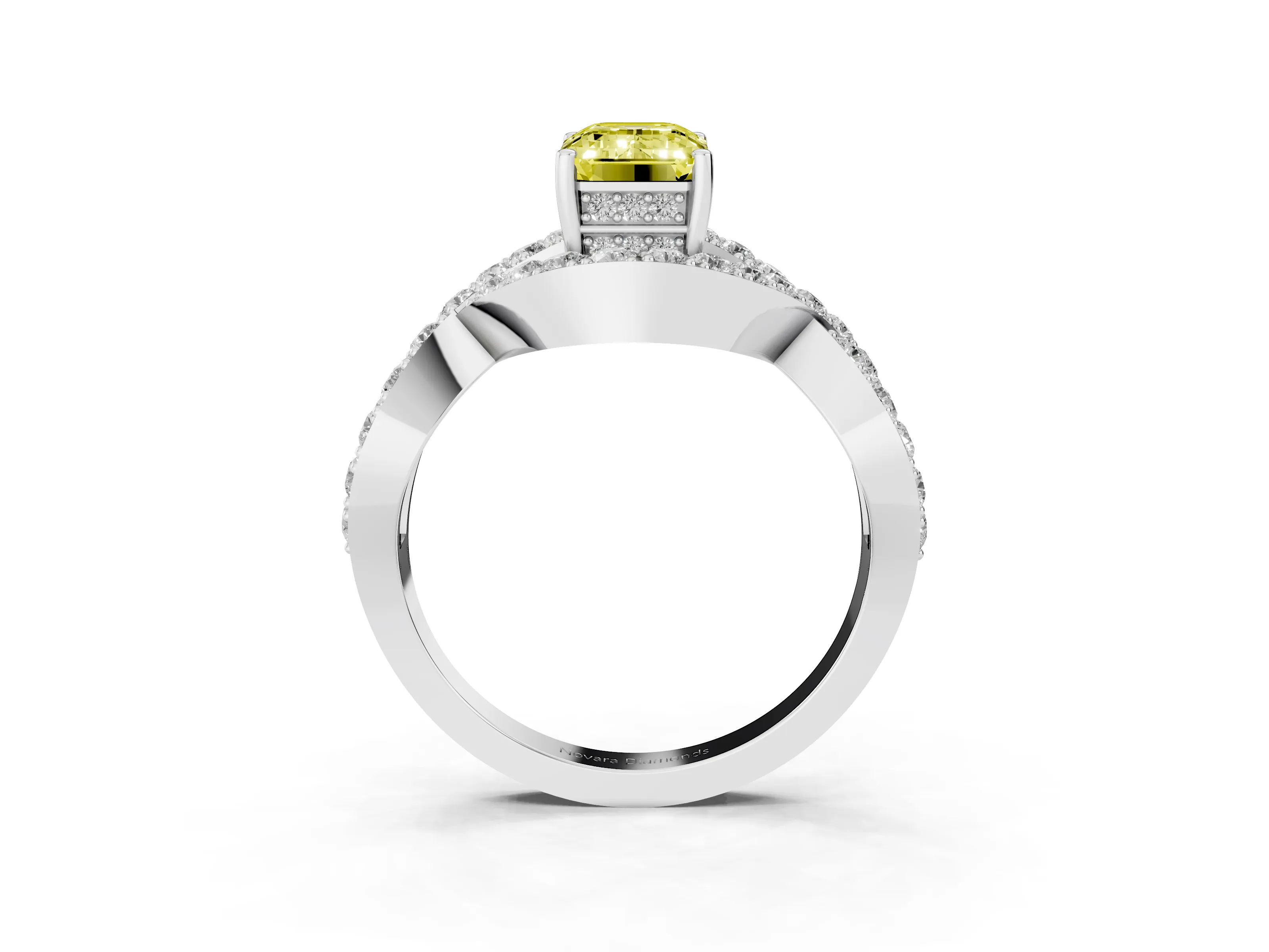 Fancy Yellow Emerald Cut Diamond Solitaire Twist Band Pavé Engagement Ring Set in Platinum