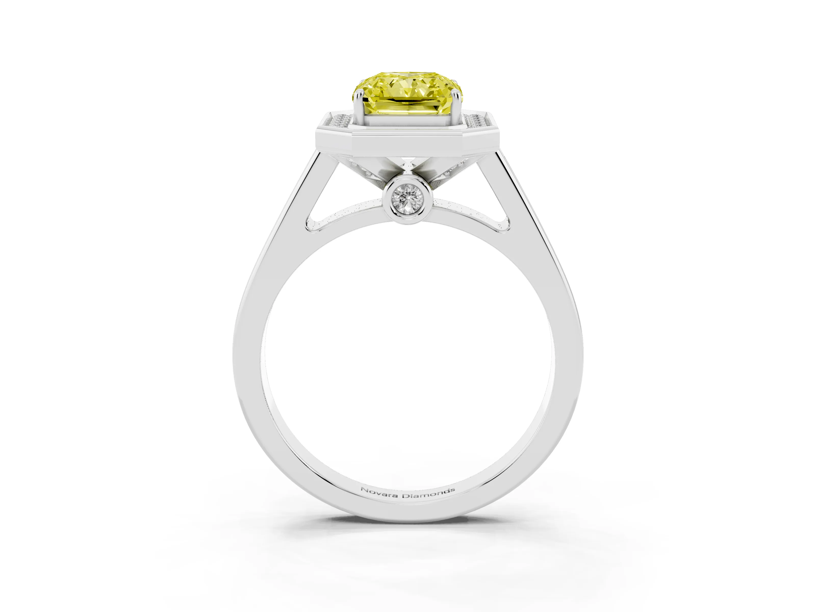 Fancy Yellow Emerald Cut Diamond Halo Solitaire Ring Set in Silver with Pavé Band and Bezel Setting