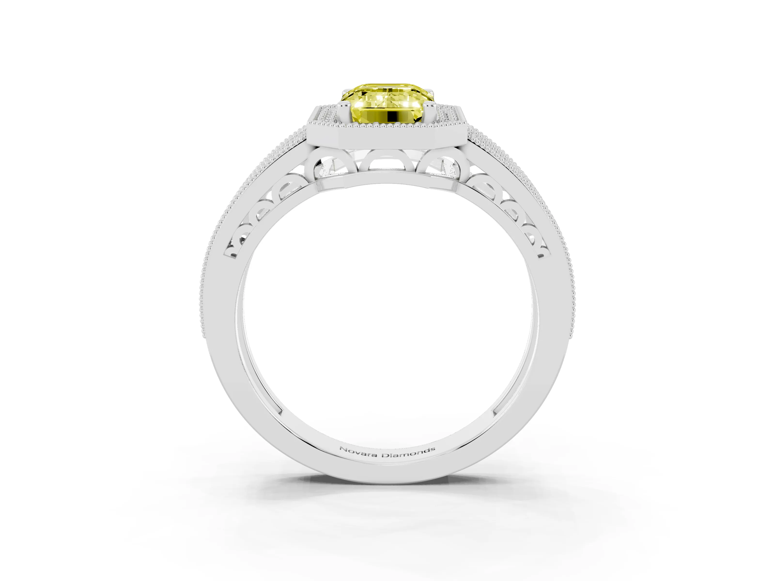 Fancy Yellow Emerald Cut Diamond Halo Ring Set in Platinum with Accent Split Shank and Prong Setting