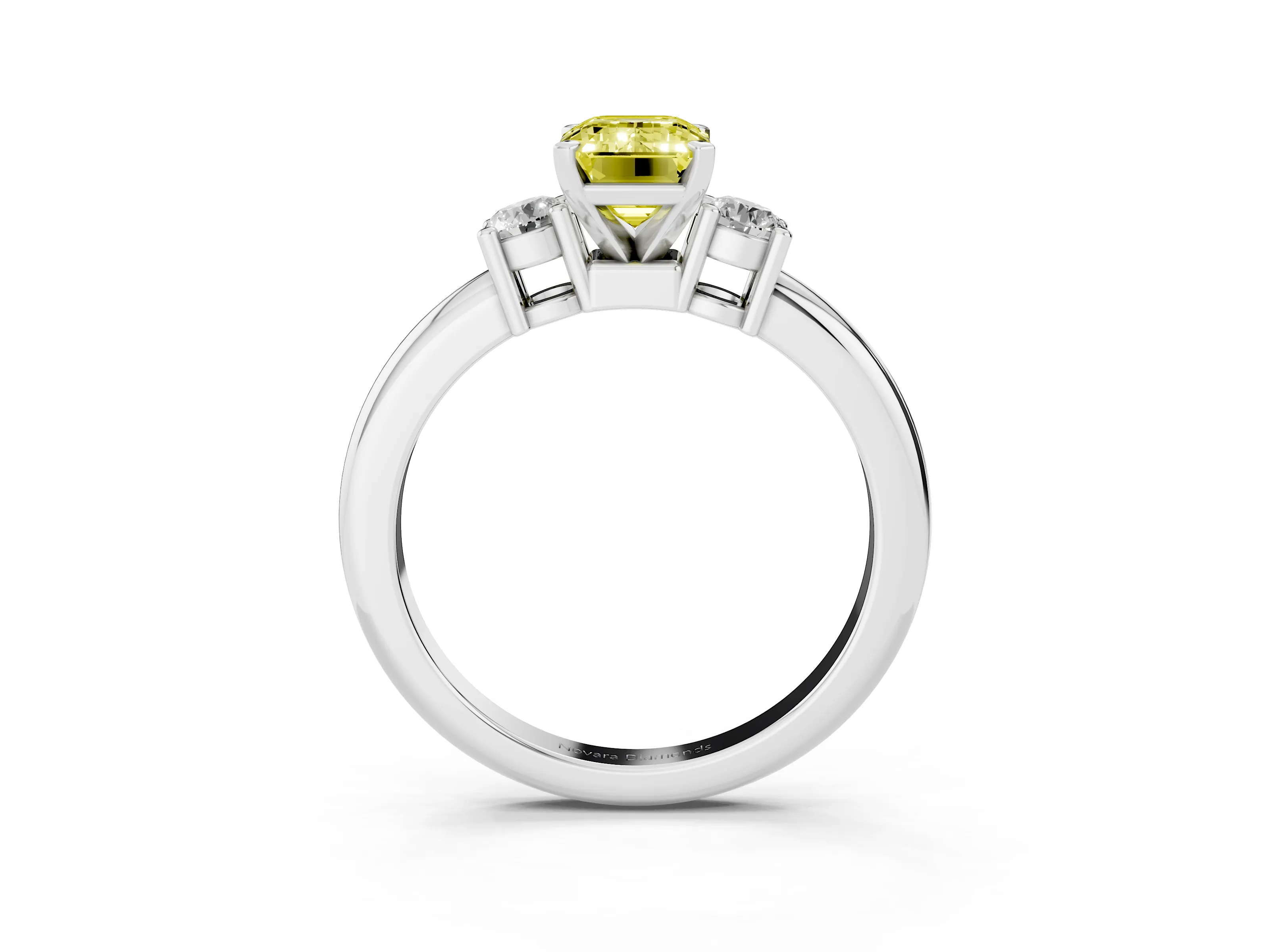 Fancy Yellow Three-Stone Emerald Cut Diamond Ring Set in Silver with Prong Setting and Plain Band