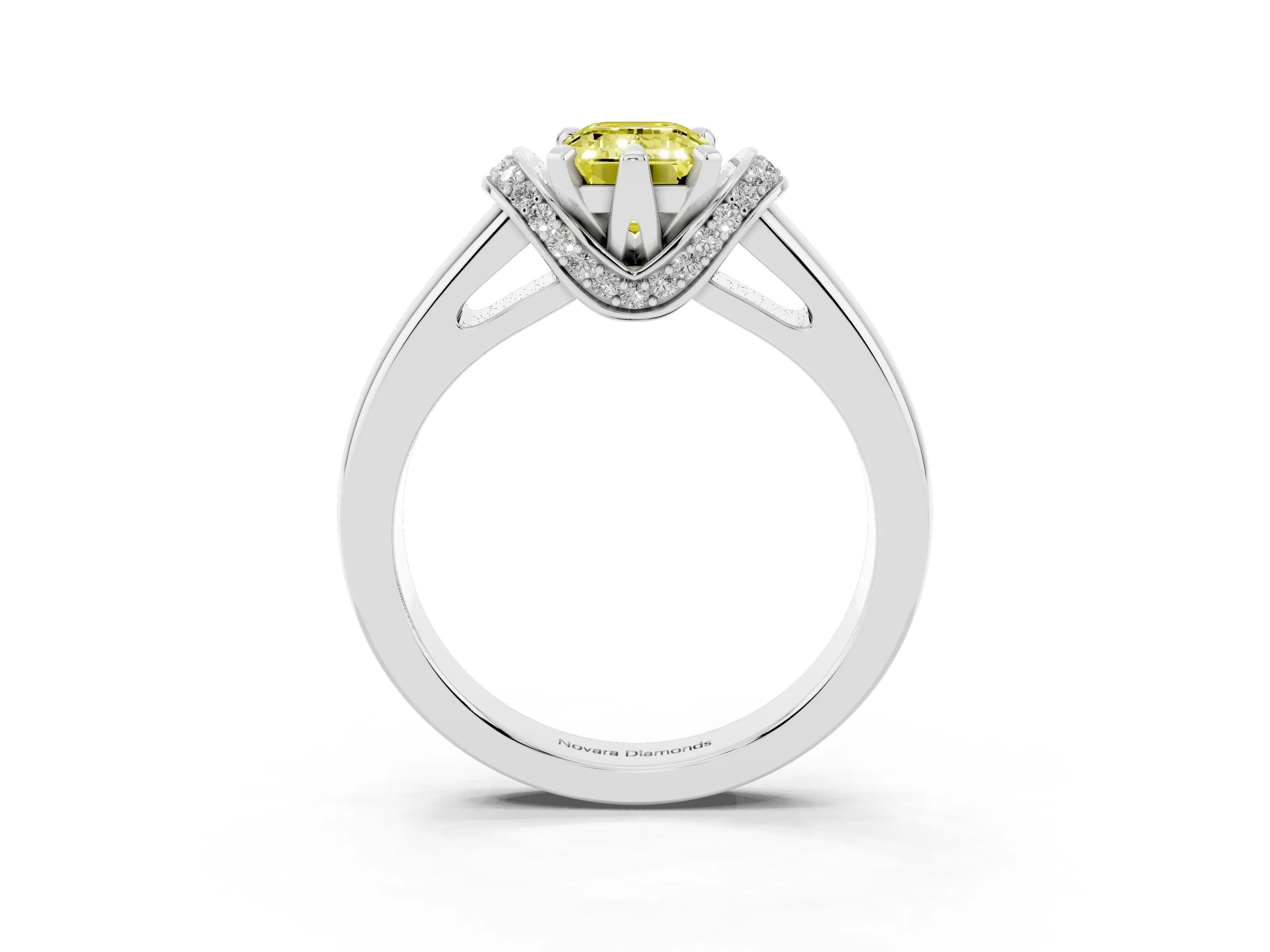 Fancy Yellow Emerald Cut Diamond Pavé Band Solitaire Ring Set in White gold with Prong Setting