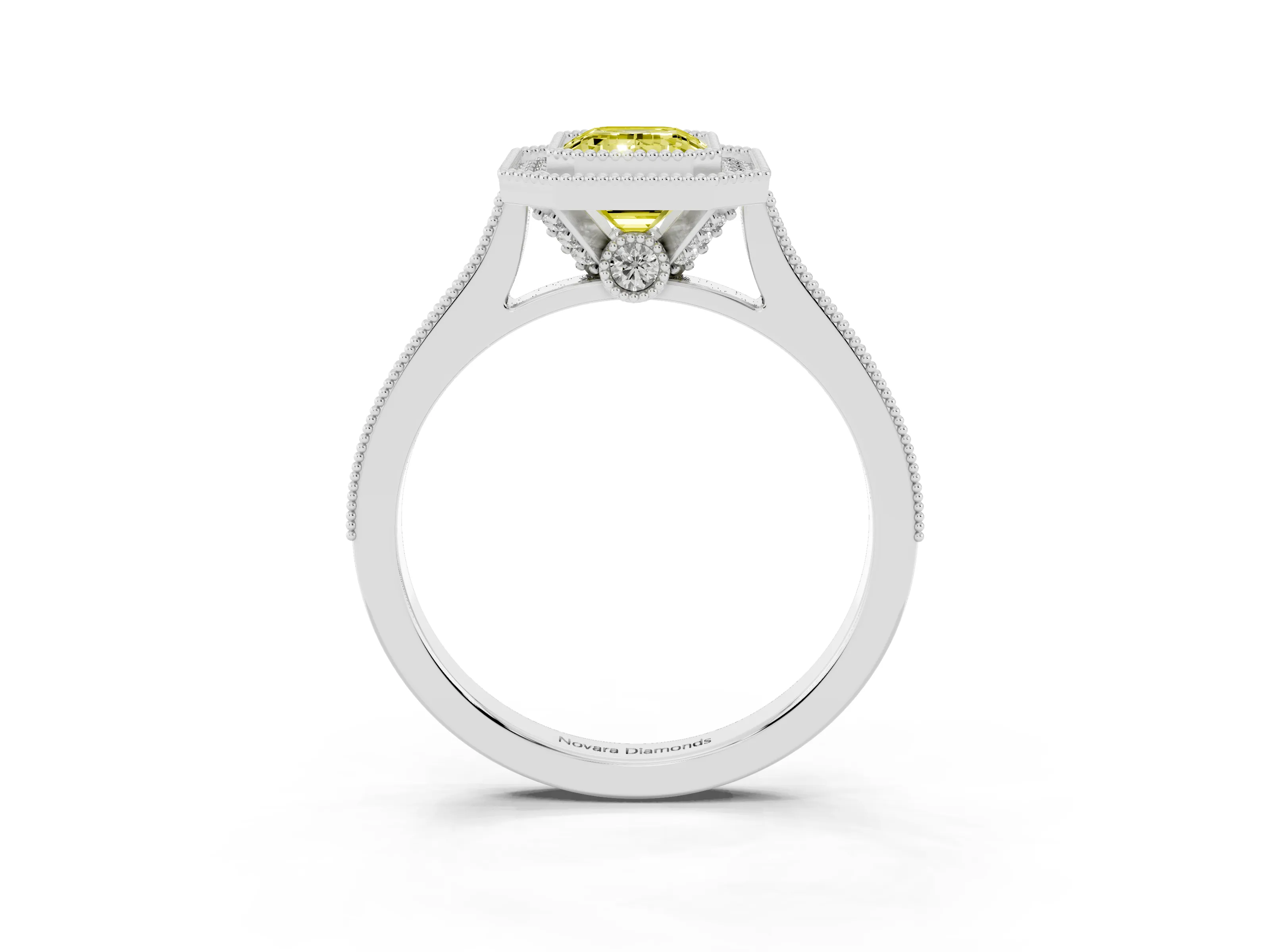 Fancy Yellow Emerald Cut Diamond Halo Milgrain Pavé Band Ring Set in Platinum with Prong Setting