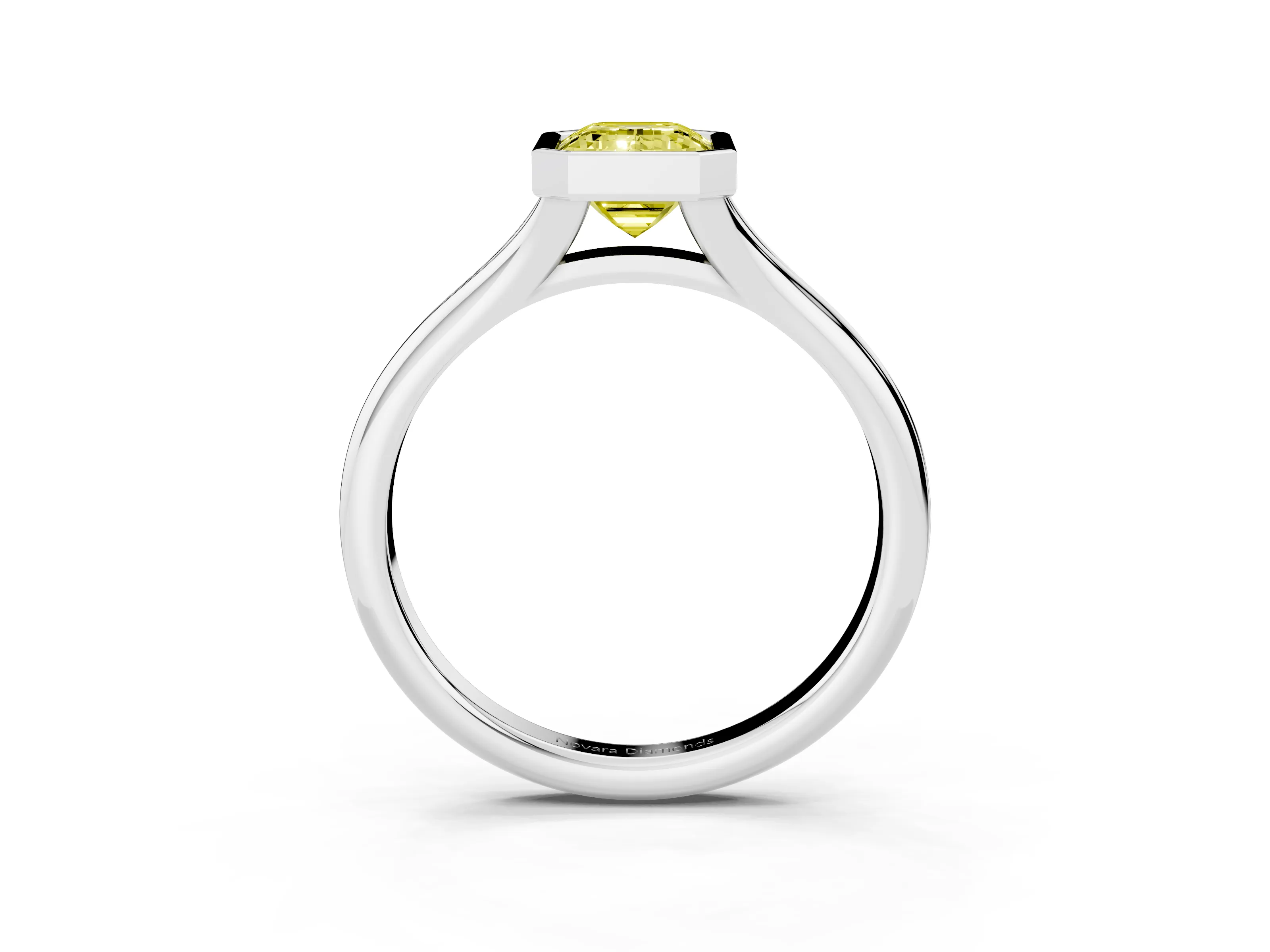 Fancy Yellow Bezel Set Emerald Cut Diamond Solitaire Ring Set in White gold with Smooth Band