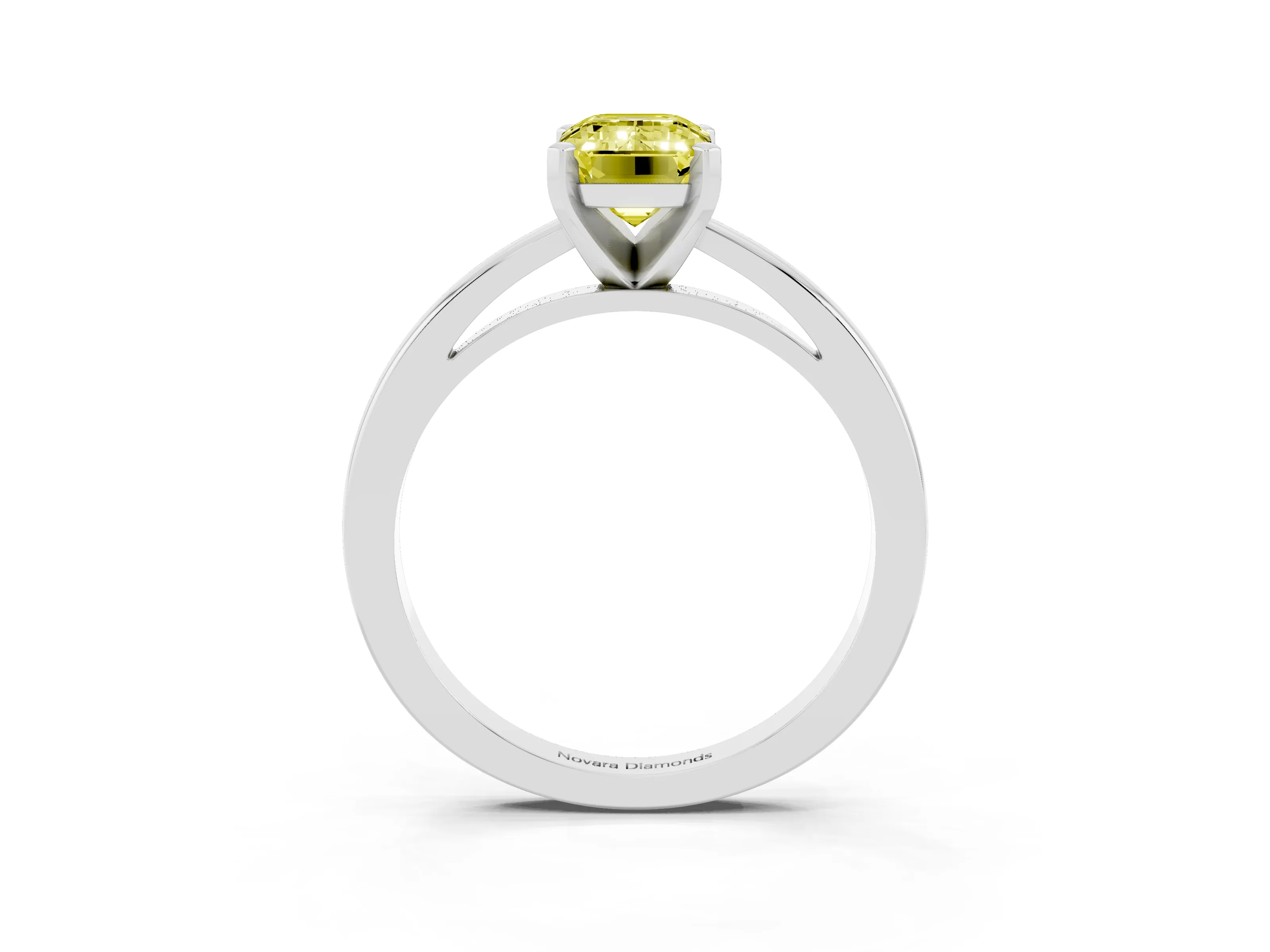Fancy Yellow Emerald Cut Diamond Solitaire Engagement Ring Set in Platinum with Prong Setting on a Classic Band
