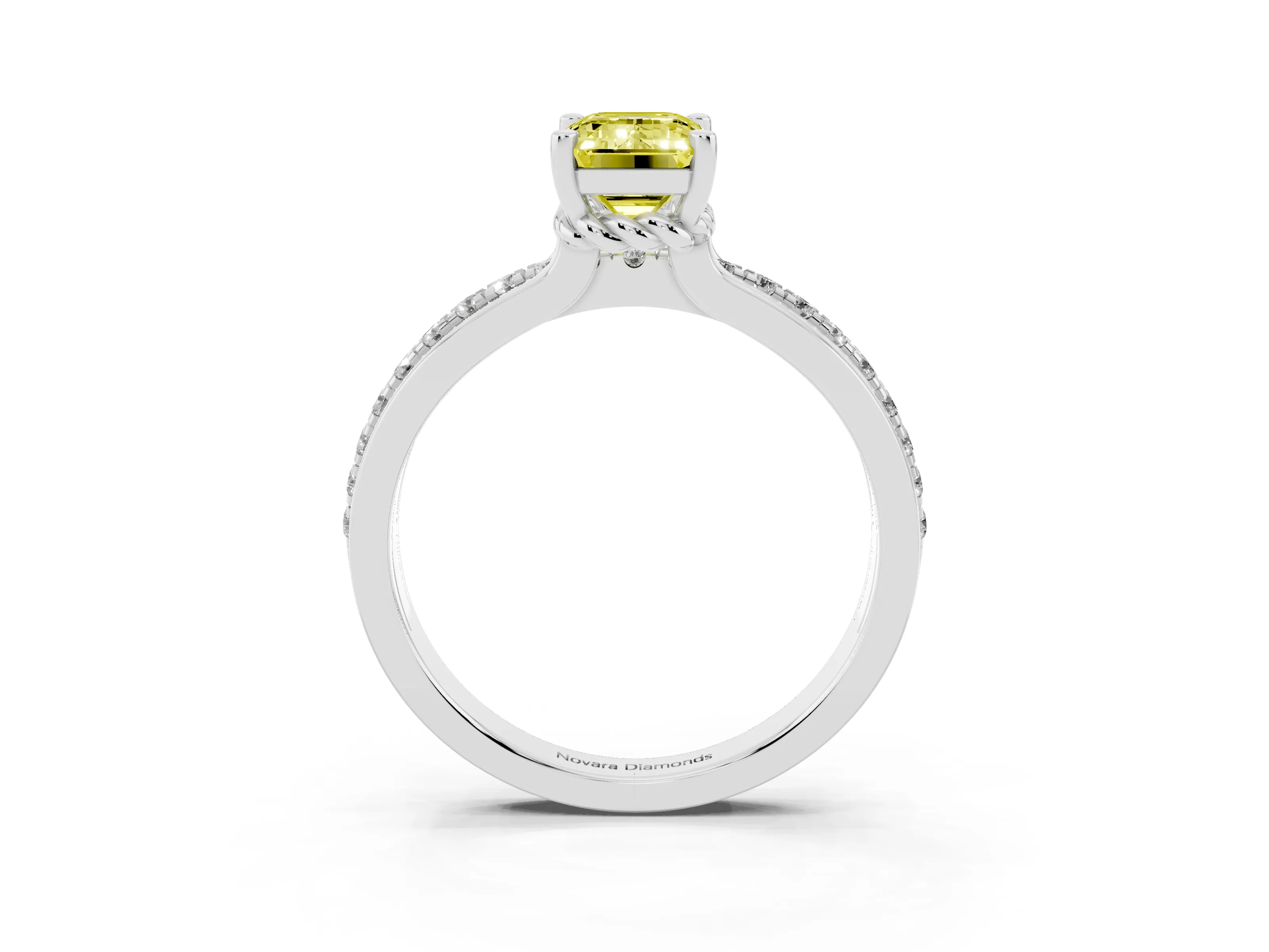 Fancy Yellow Emerald Cut Diamond Solitaire Ring Set in Silver with Channel Set Band and Prong Setting