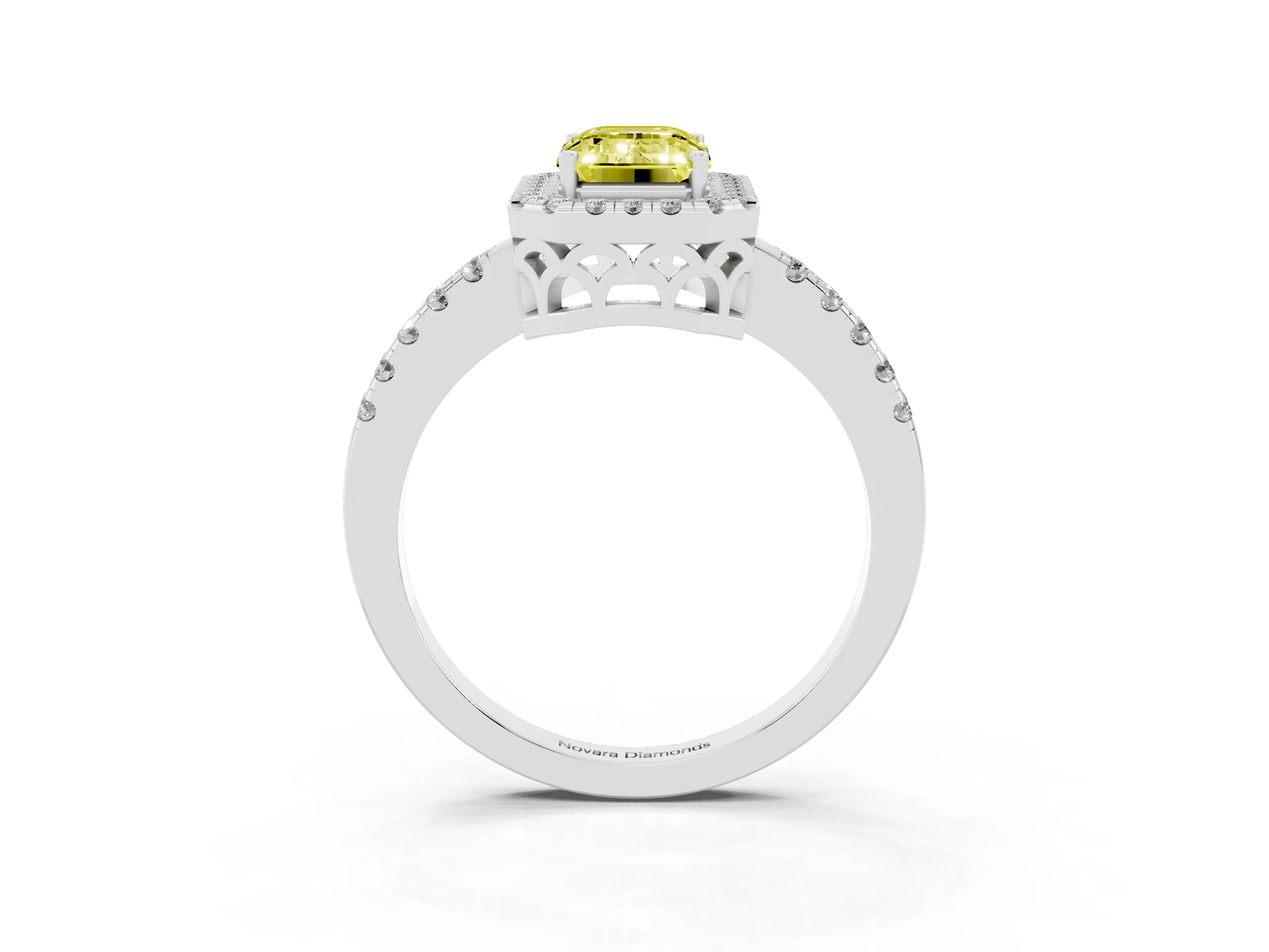 Fancy Yellow Emerald Cut Diamond Pavé Band Halo Engagement Ring Set in White gold with Prong Setting