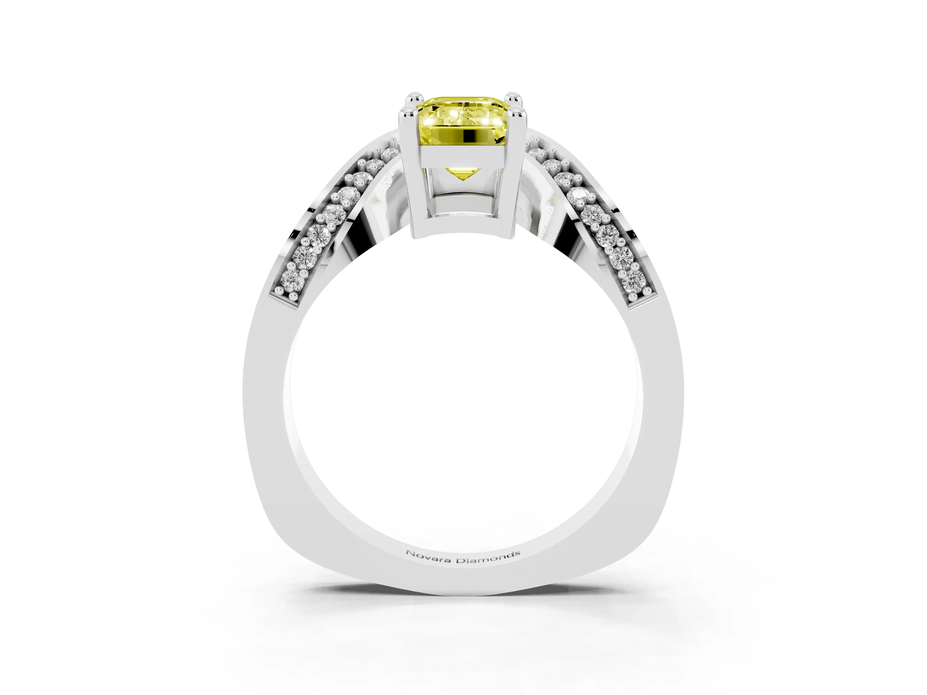 Fancy Yellow Emerald Cut Diamond Solitaire Engagement Ring Set in Silver with Pavé Shoulders