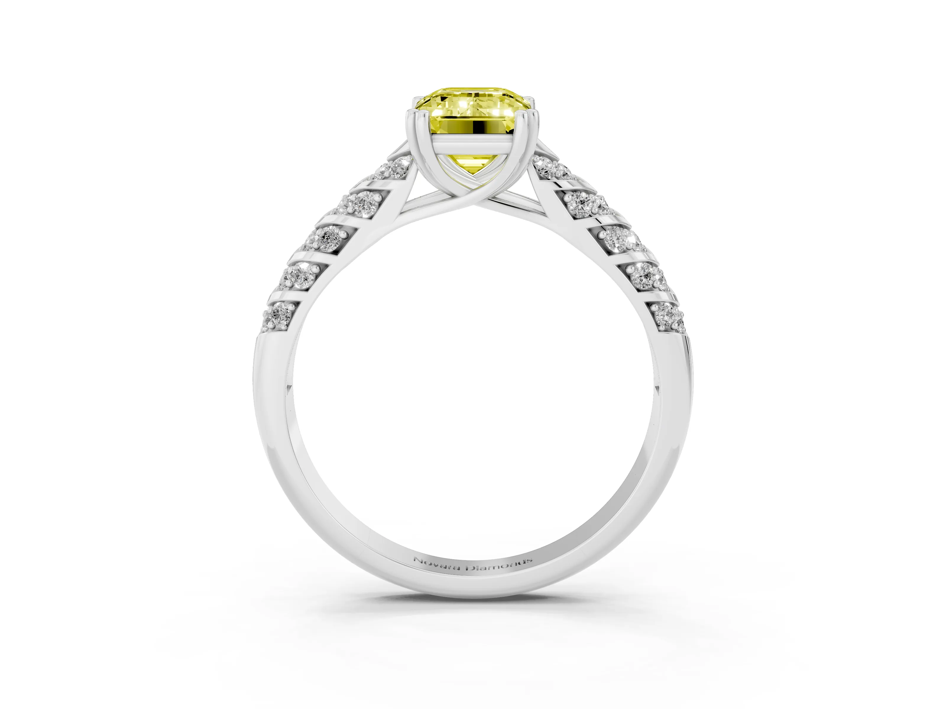 Fancy Yellow Emerald Cut Diamond Solitaire Chevron Pavé Engagement Ring Set in White gold with Prong Setting