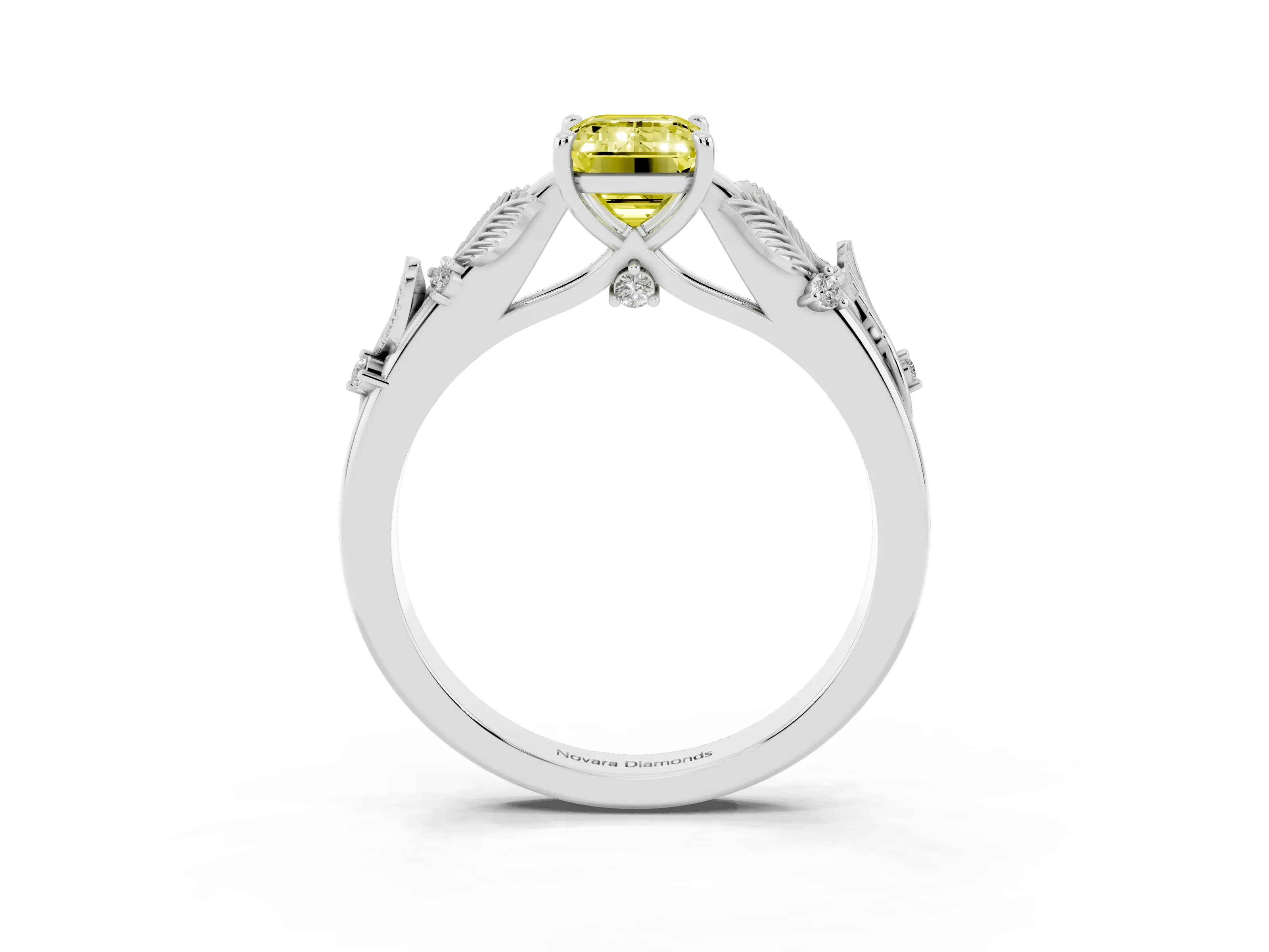 Fancy Yellow Emerald Cut Diamond Solitaire Ring Set in Silver with Leaf Motif Band