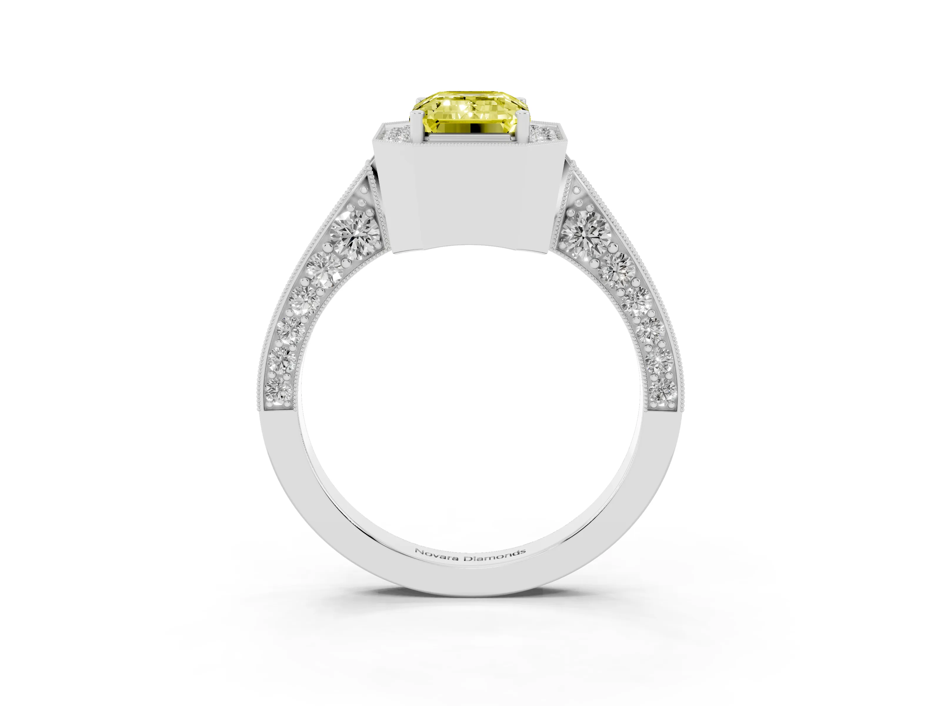 Fancy Yellow Emerald Cut Diamond Halo Engagement Ring Set in Platinum with Accent Split Shank Band