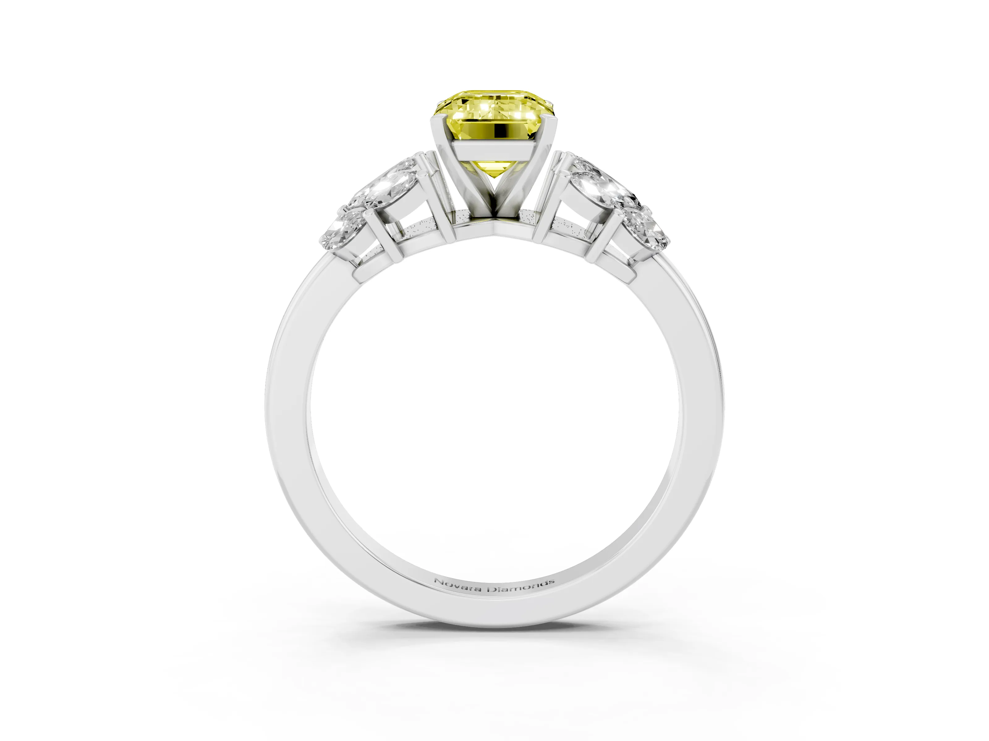 Fancy Yellow Emerald Cut Diamond Cluster Leaf Design Ring Set in Platinum with Prong Setting