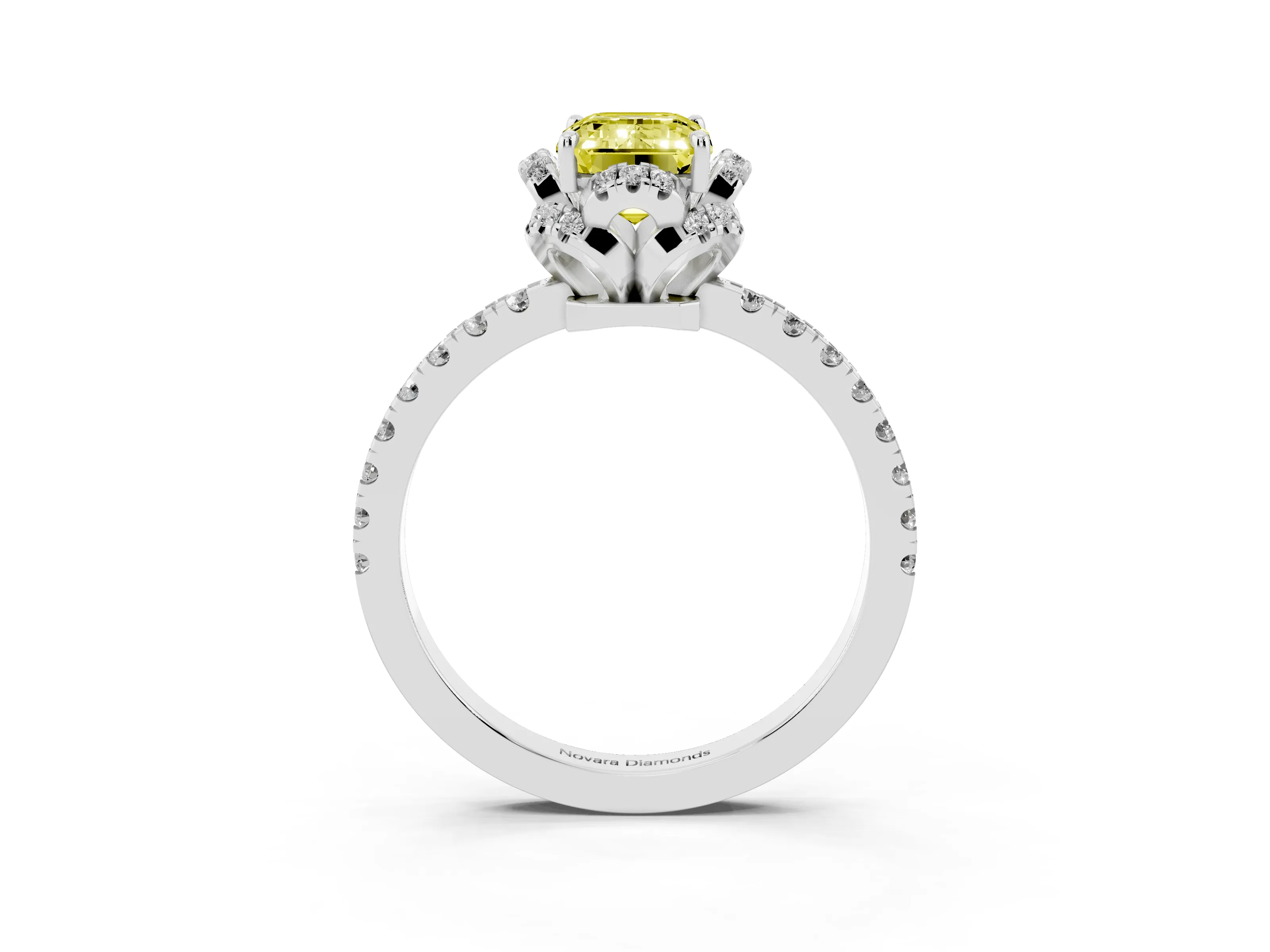 Fancy Yellow Emerald Cut Diamond Halo Pavé Band Ring Set in Platinum with Prong-Held Center