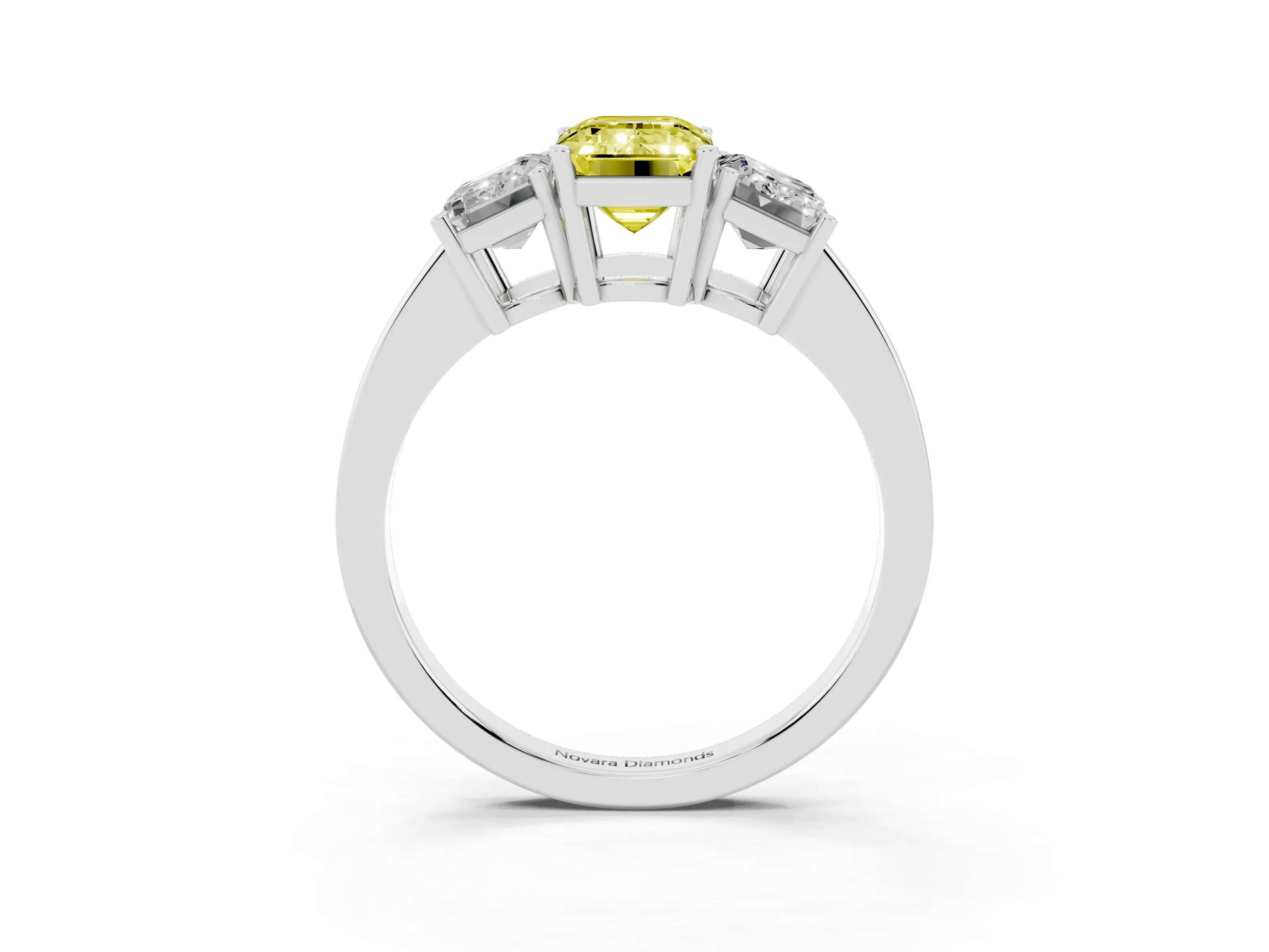 Fancy Yellow Emerald Cut Diamond Three-Stone Engagement Ring Set in Silver with Flat Band