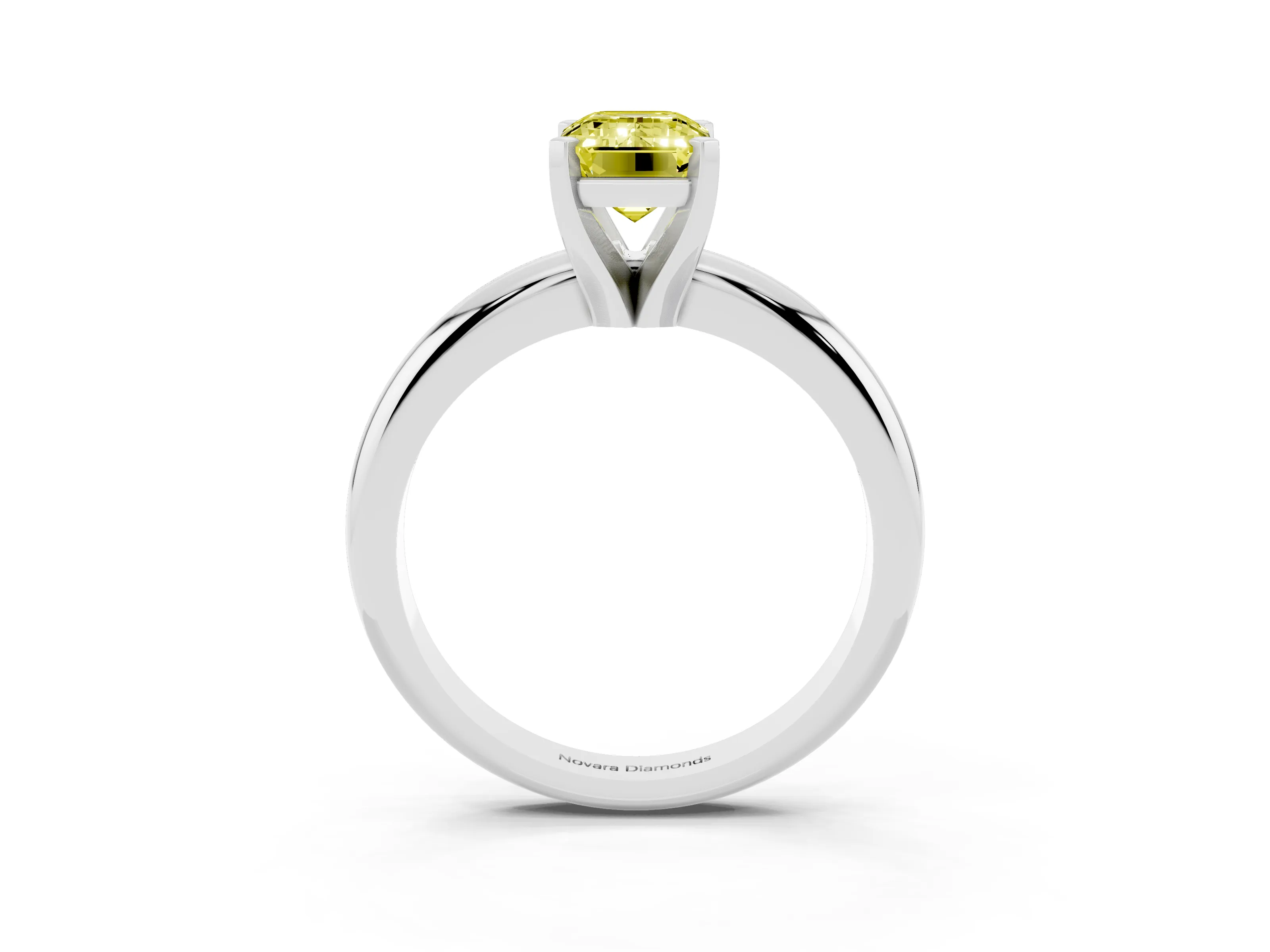 Fancy Yellow Emerald Cut Diamond Solitaire Engagement Ring Set in Platinum with Round Band and Prong Setting