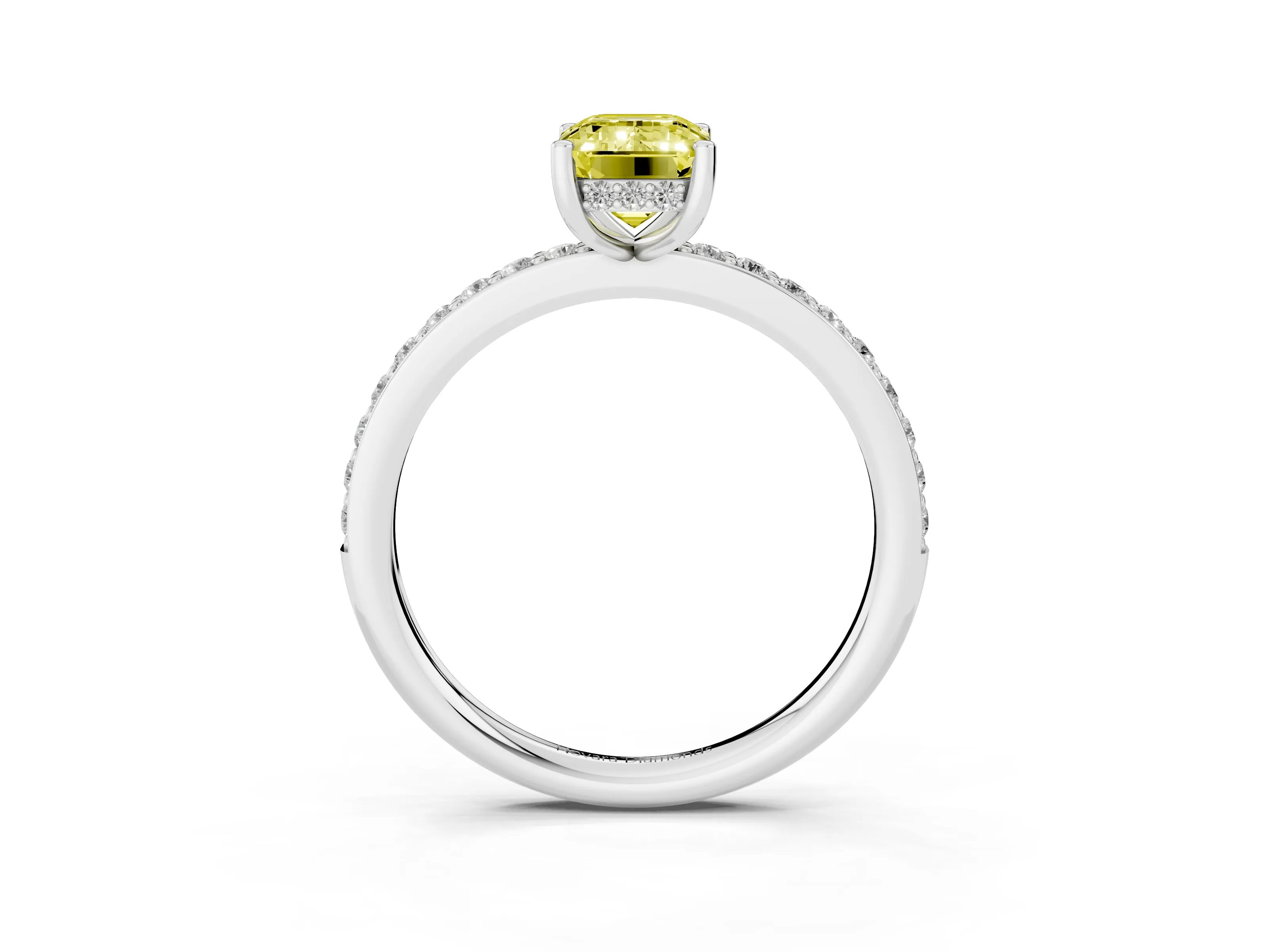 Fancy Yellow Emerald Cut Diamond Pavé Band Ring Set in Silver with Prong-Set Center Stone