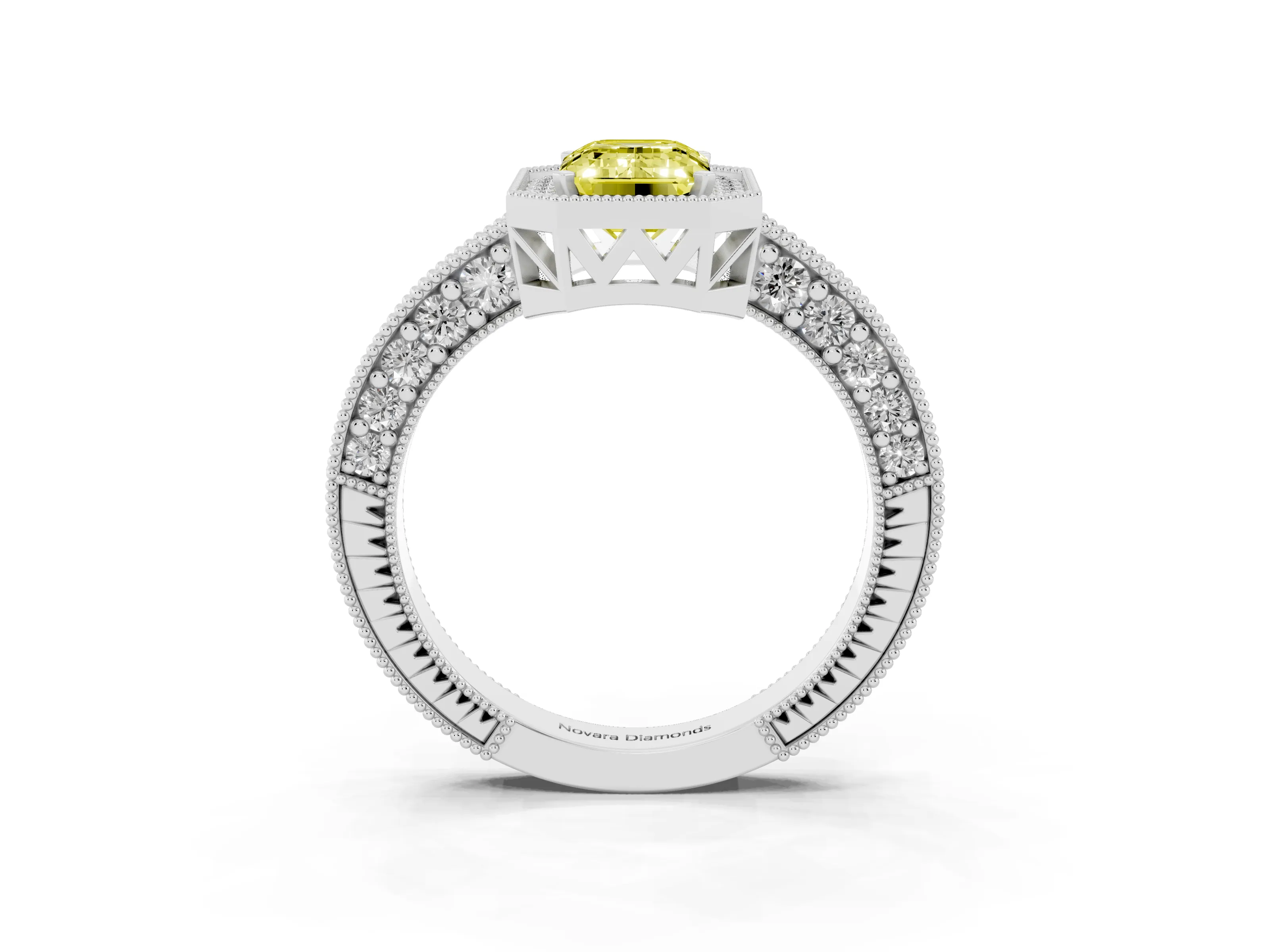 Fancy Yellow Emerald Cut Diamond Halo Pavé Band Ring Set in Platinum with Prong-Set Center