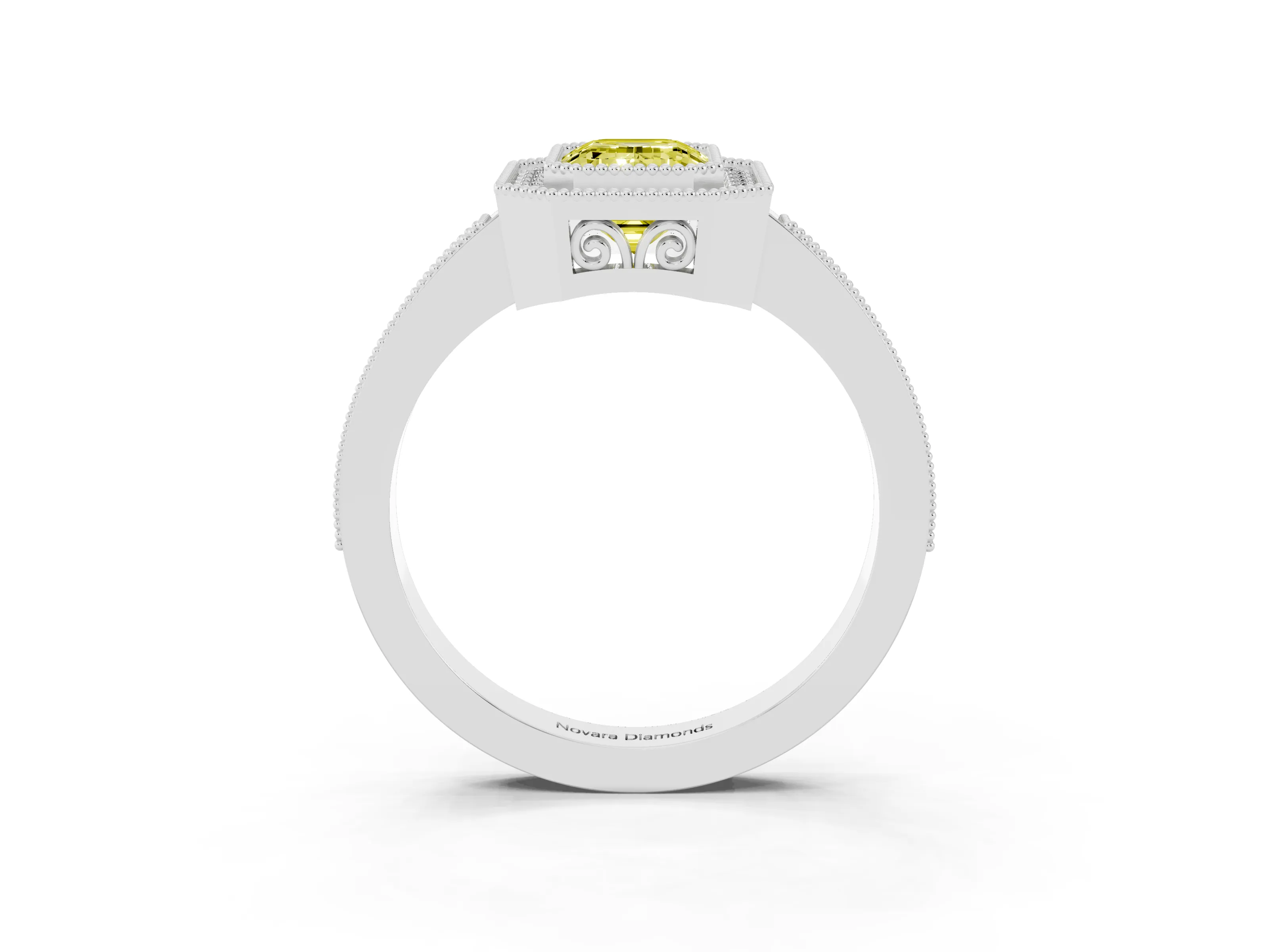 Fancy Yellow Emerald Cut Diamond Halo Ring Set in White gold with Pavé Band and Milgrain-Edged Prongs