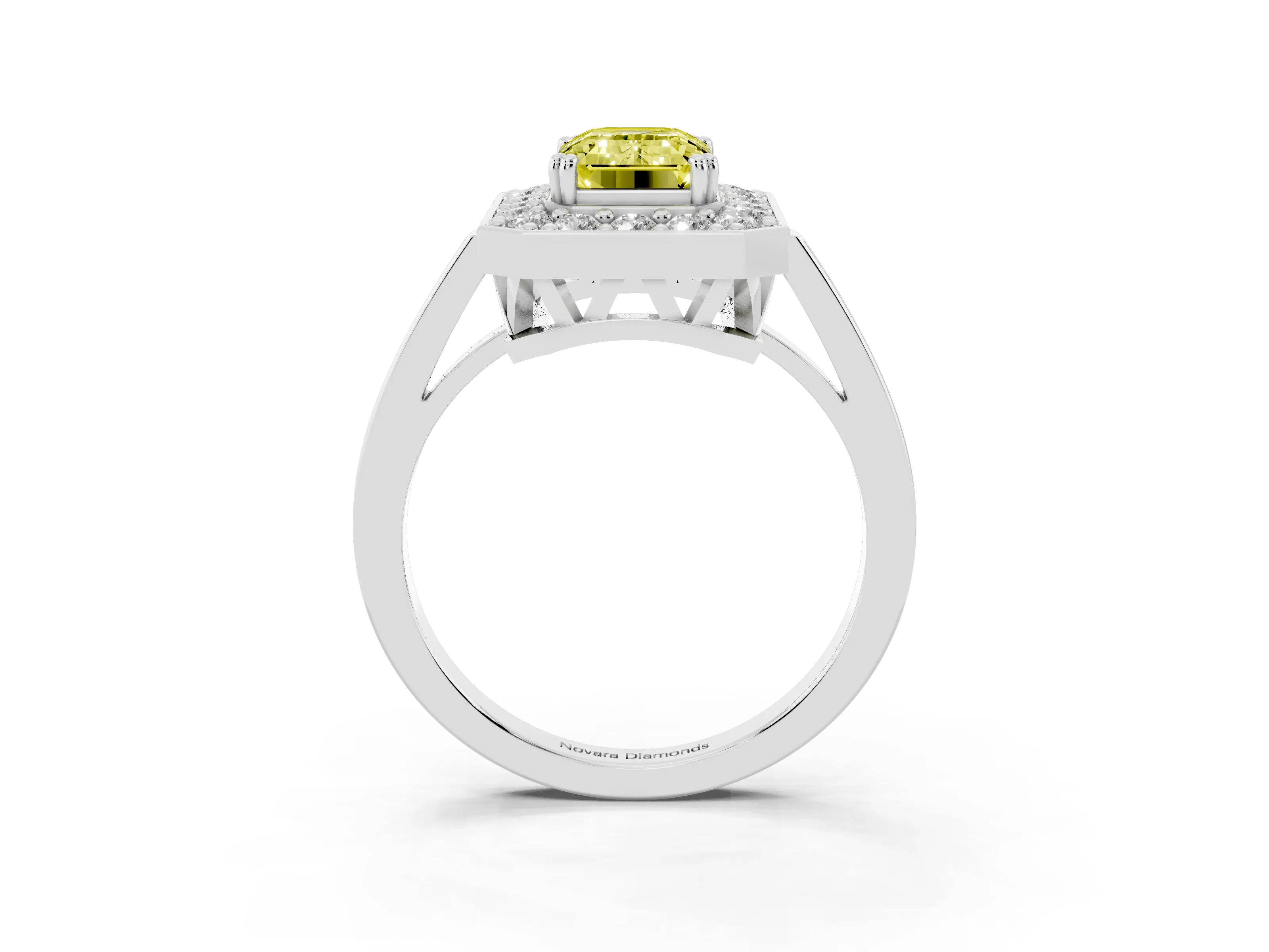 Fancy Yellow Emerald Cut Diamond Halo Ring Set in White gold with Accent-Lined Split Shank and Prong Setting