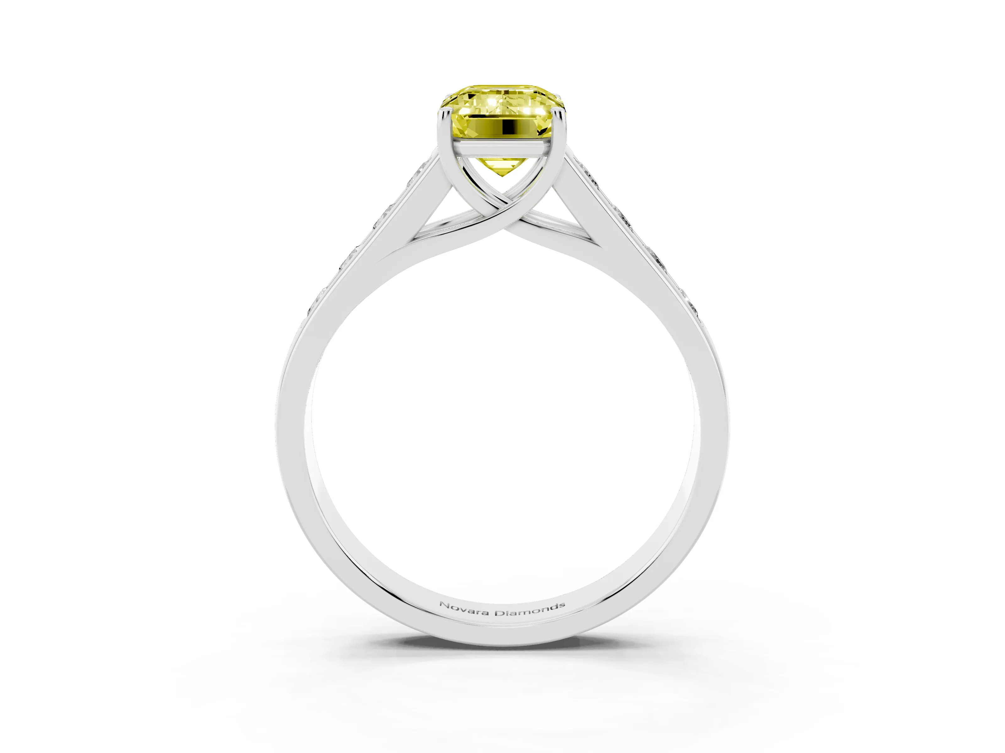 Fancy Yellow Emerald Cut Diamond Solitaire Channel-Set Engagement Ring Set in White gold with Prong Setting