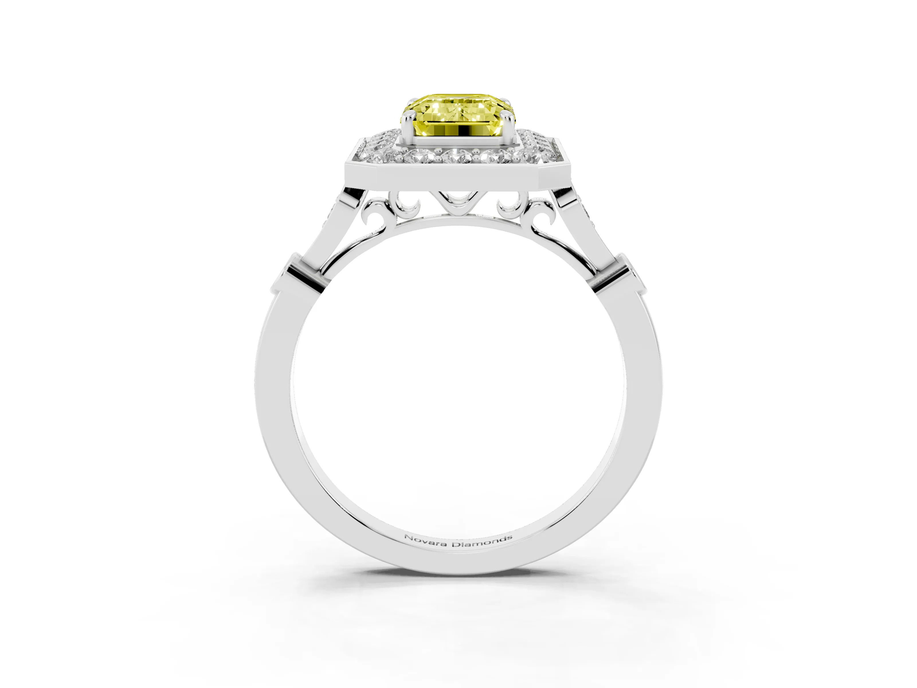 Fancy Yellow Emerald Cut Diamond Halo Engagement Ring Set in Platinum with Twisted Band and Prong Setting