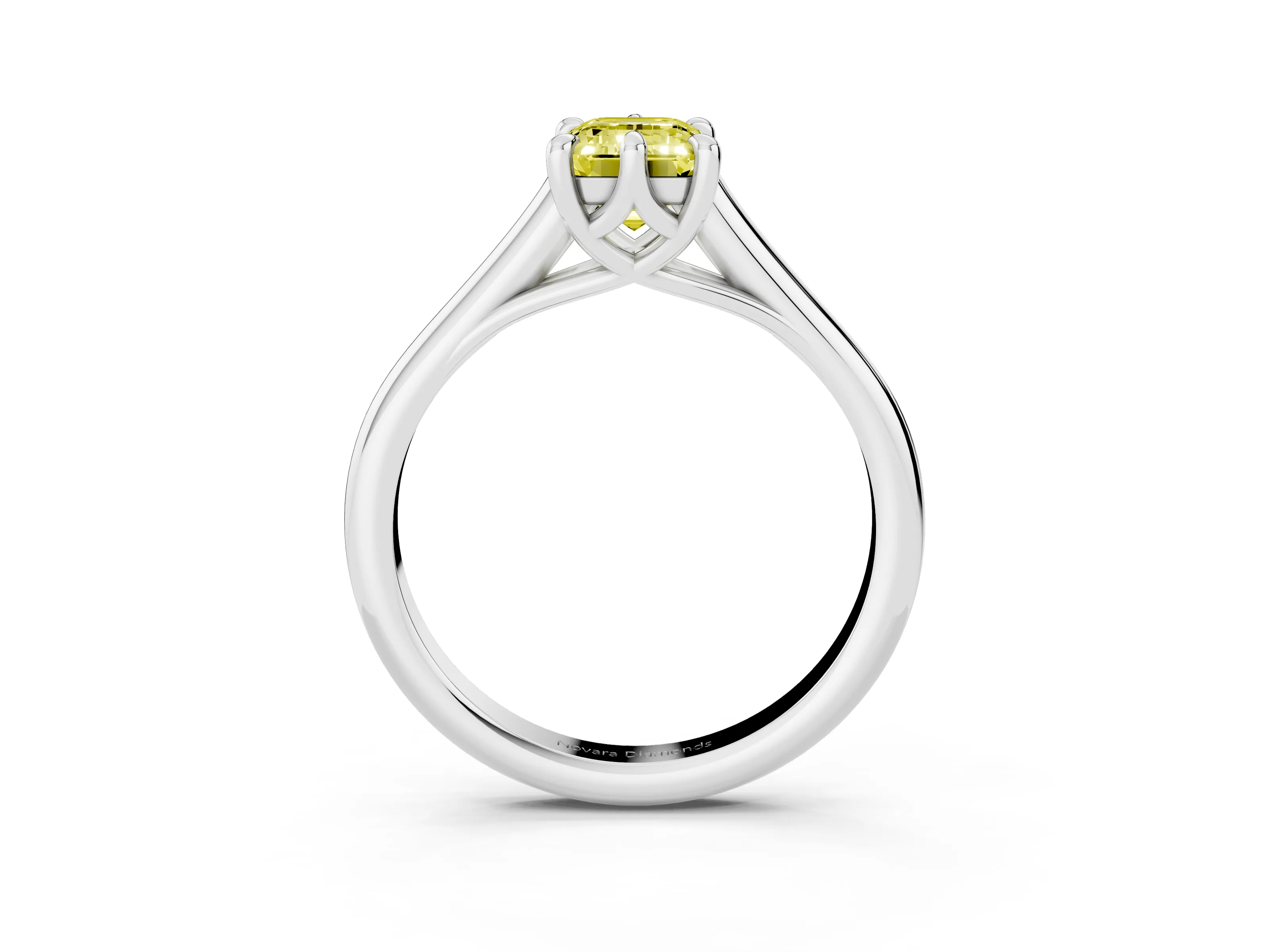 Fancy Yellow Emerald Cut Diamond Solitaire Engagement Ring Set in Platinum with Prong Setting and Plain Classic Band