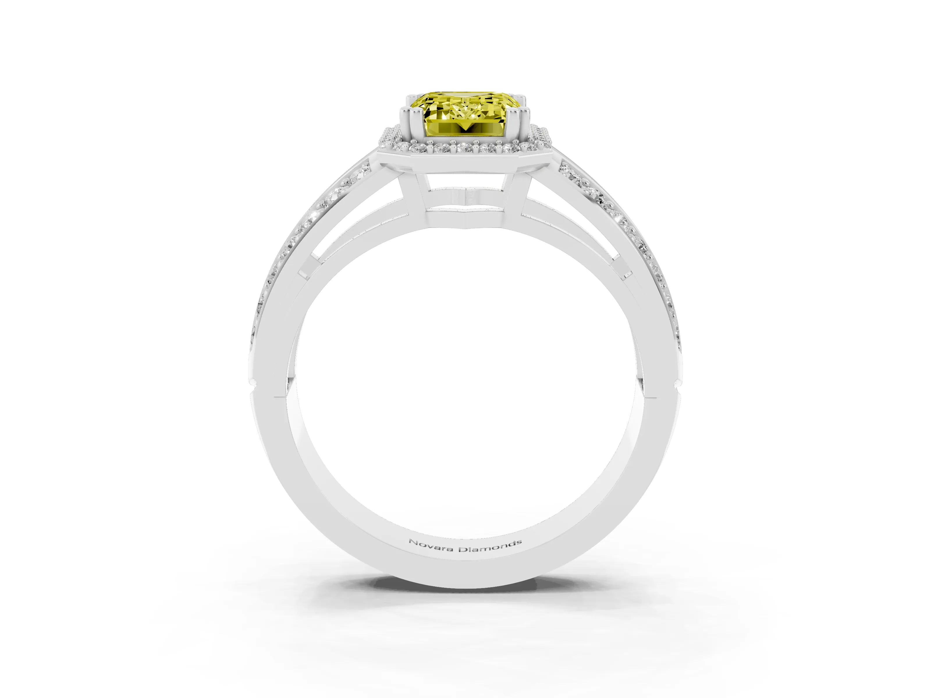 Fancy Yellow Emerald Cut Diamond Halo Ring Set in White gold with Double Pavé Split Shank