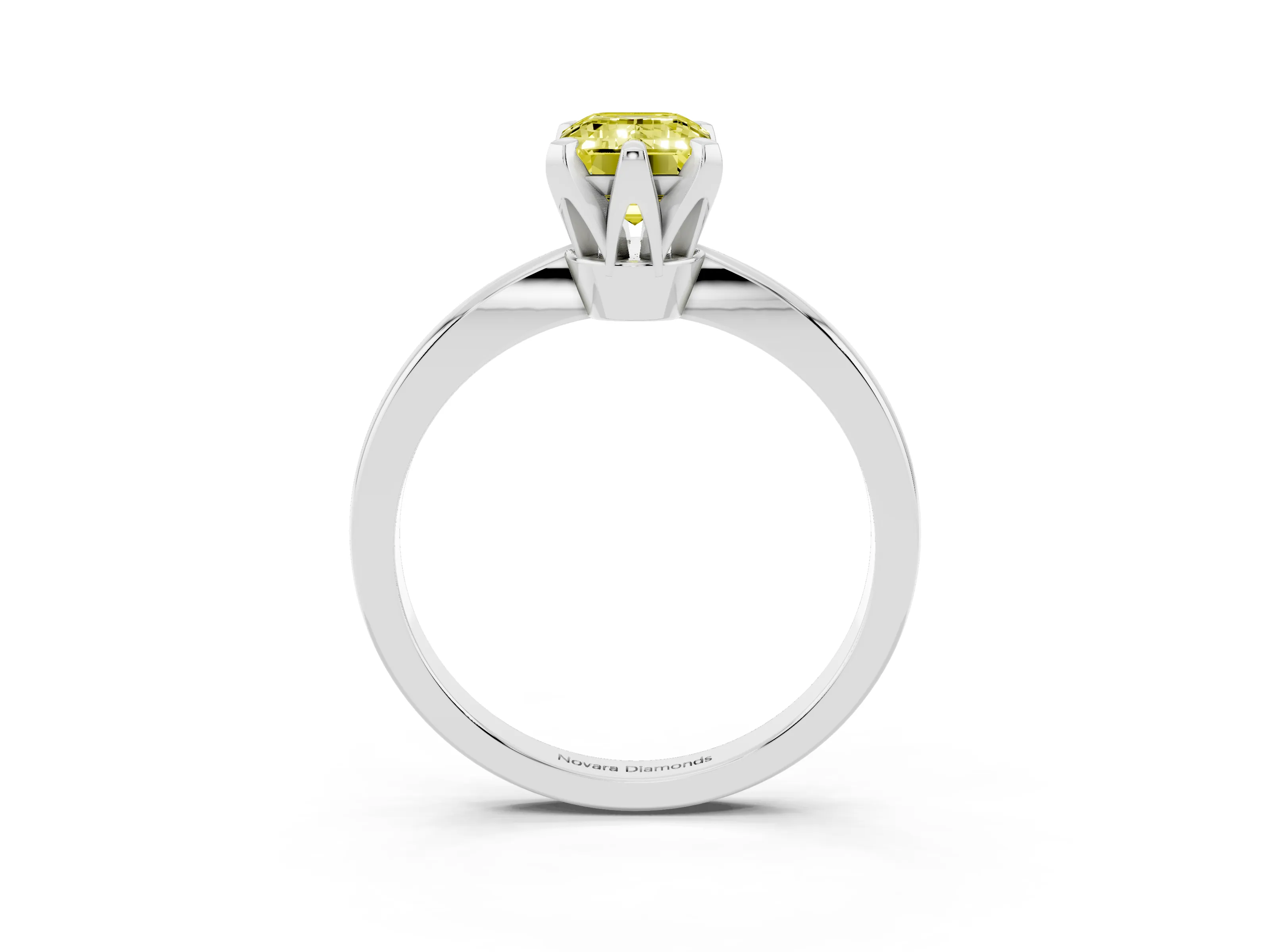 Fancy Yellow Emerald Cut Diamond Solitaire Engagement Ring Set in White gold with Slim Tapered Solitaire Band