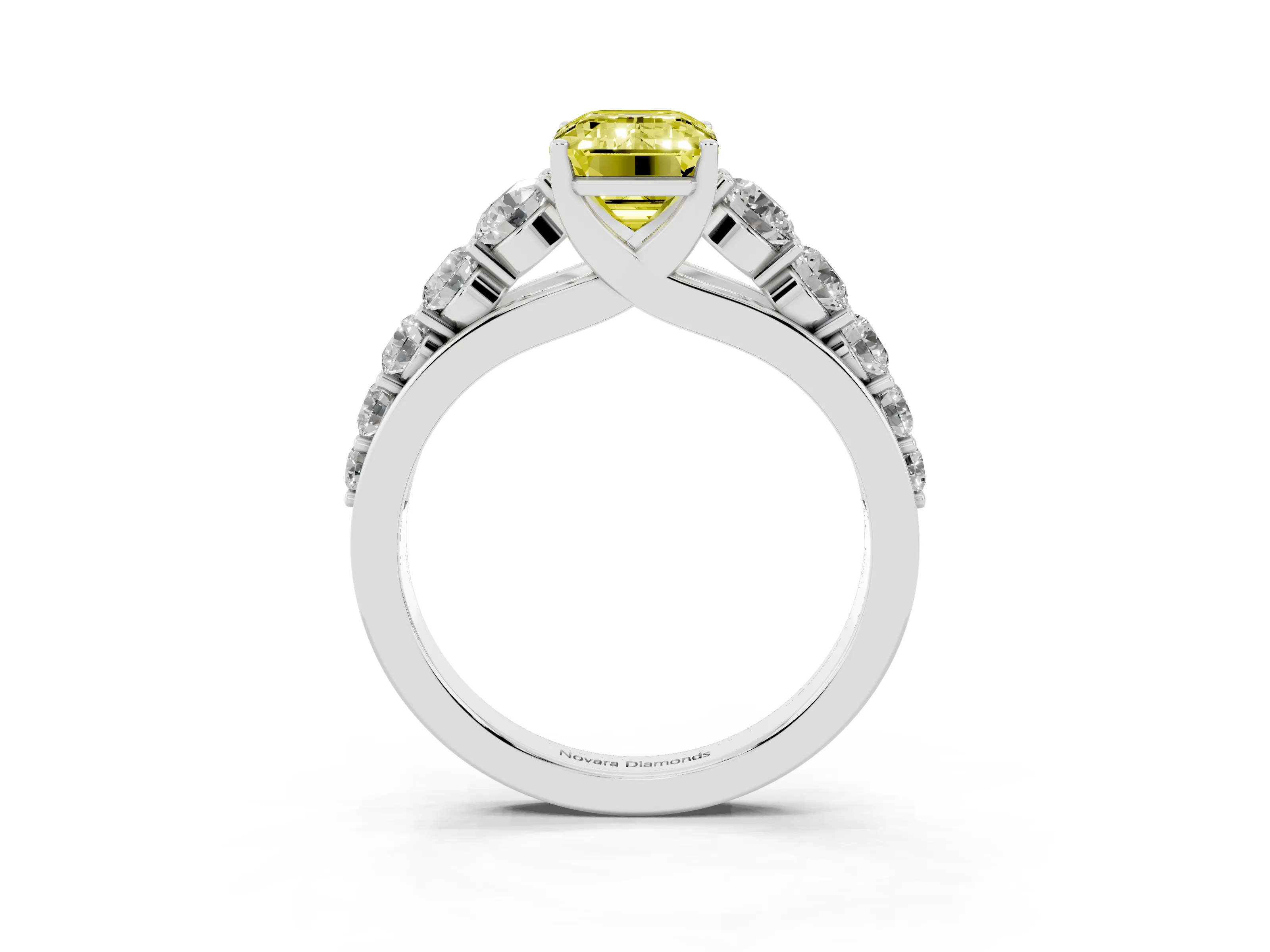 Fancy Yellow Emerald Cut Diamond Solitaire Ring Set in Platinum with Pavé-Set Band and Prong Setting