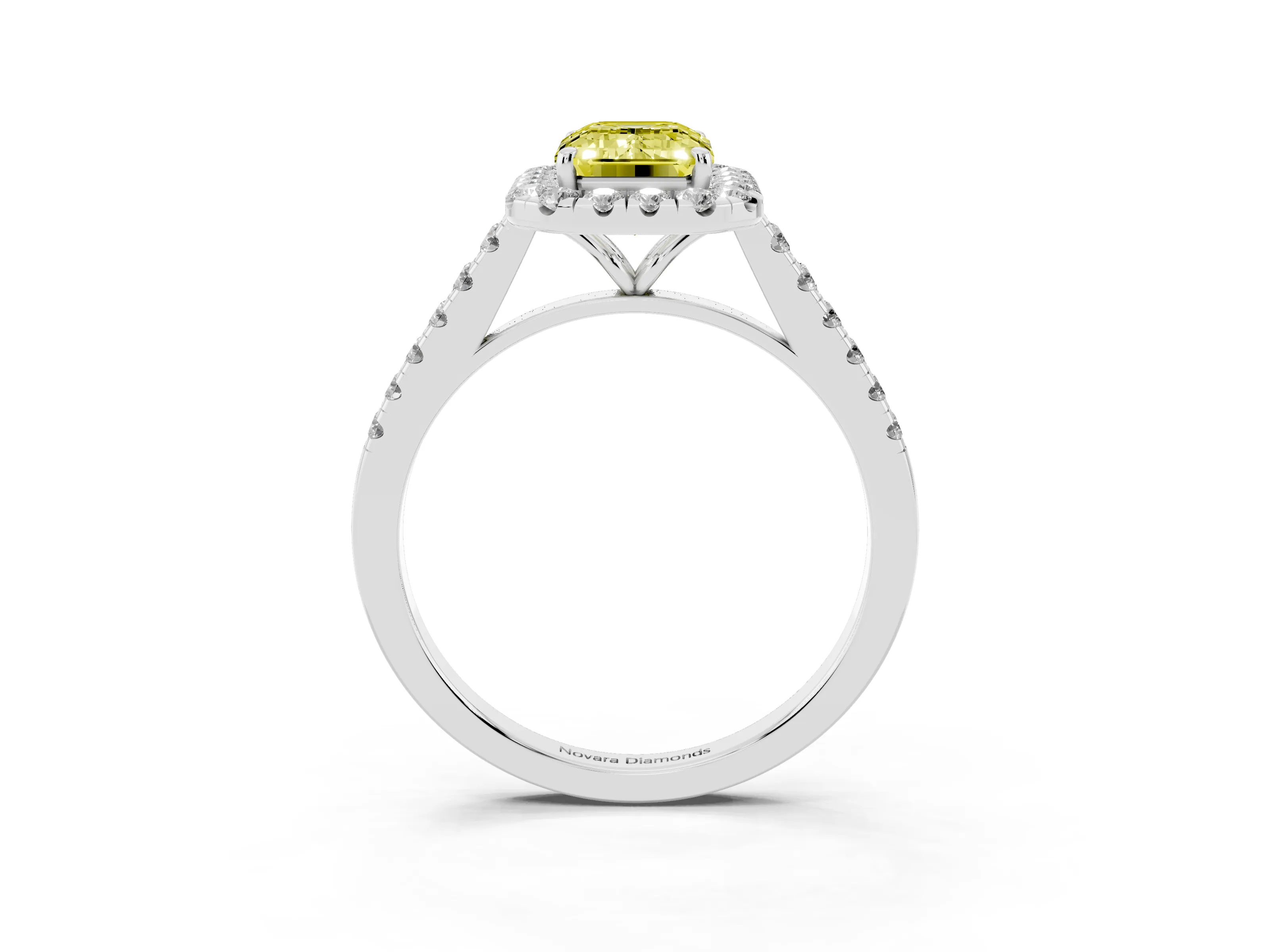 Fancy Yellow Emerald Cut Diamond Halo Pavé Engagement Ring Set in Platinum with Prong Setting