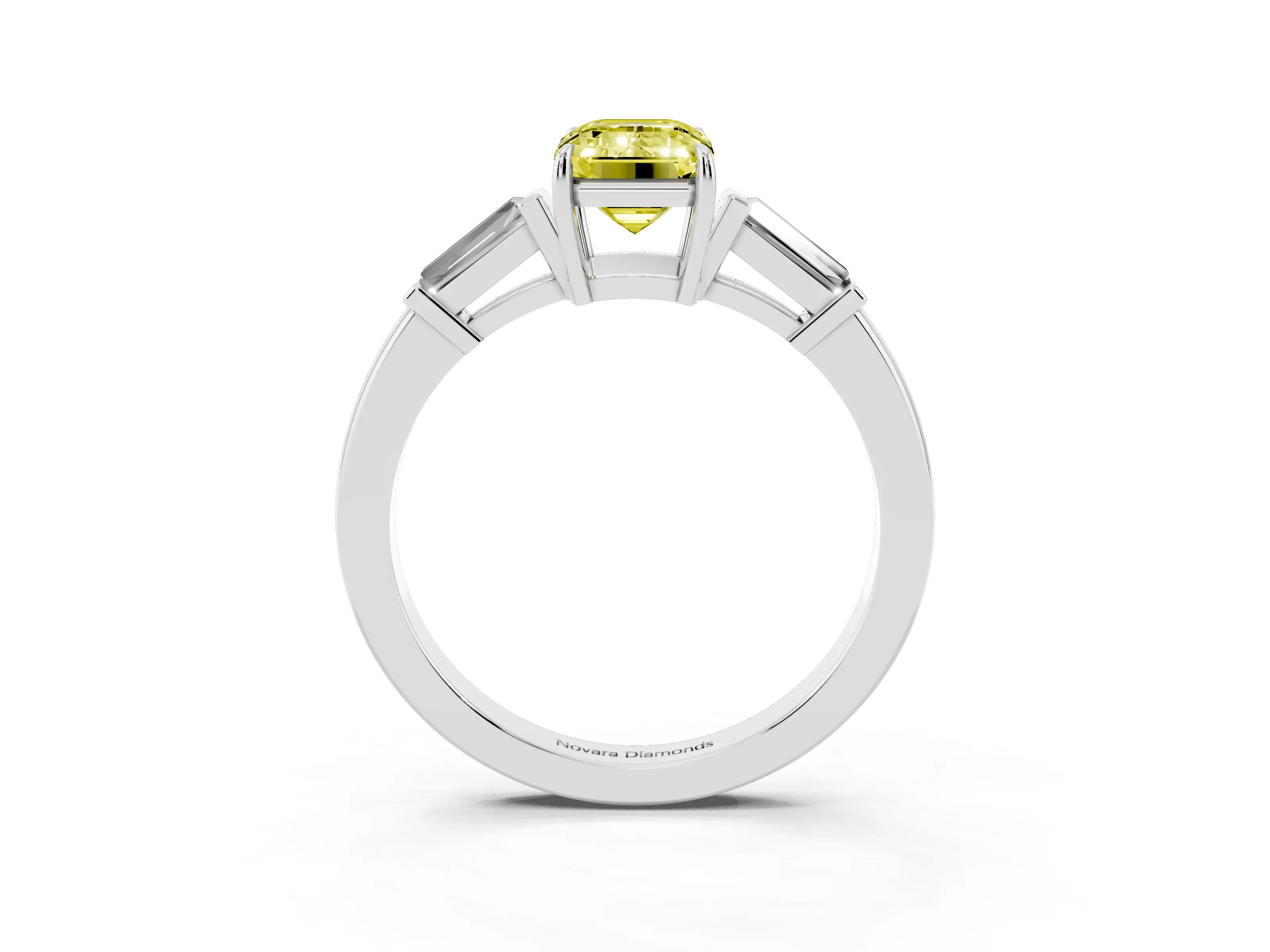 Fancy Yellow Emerald Cut Diamond Three-Stone Ring Set in Platinum with Tapered Baguette Side Stones and Prong Setting
