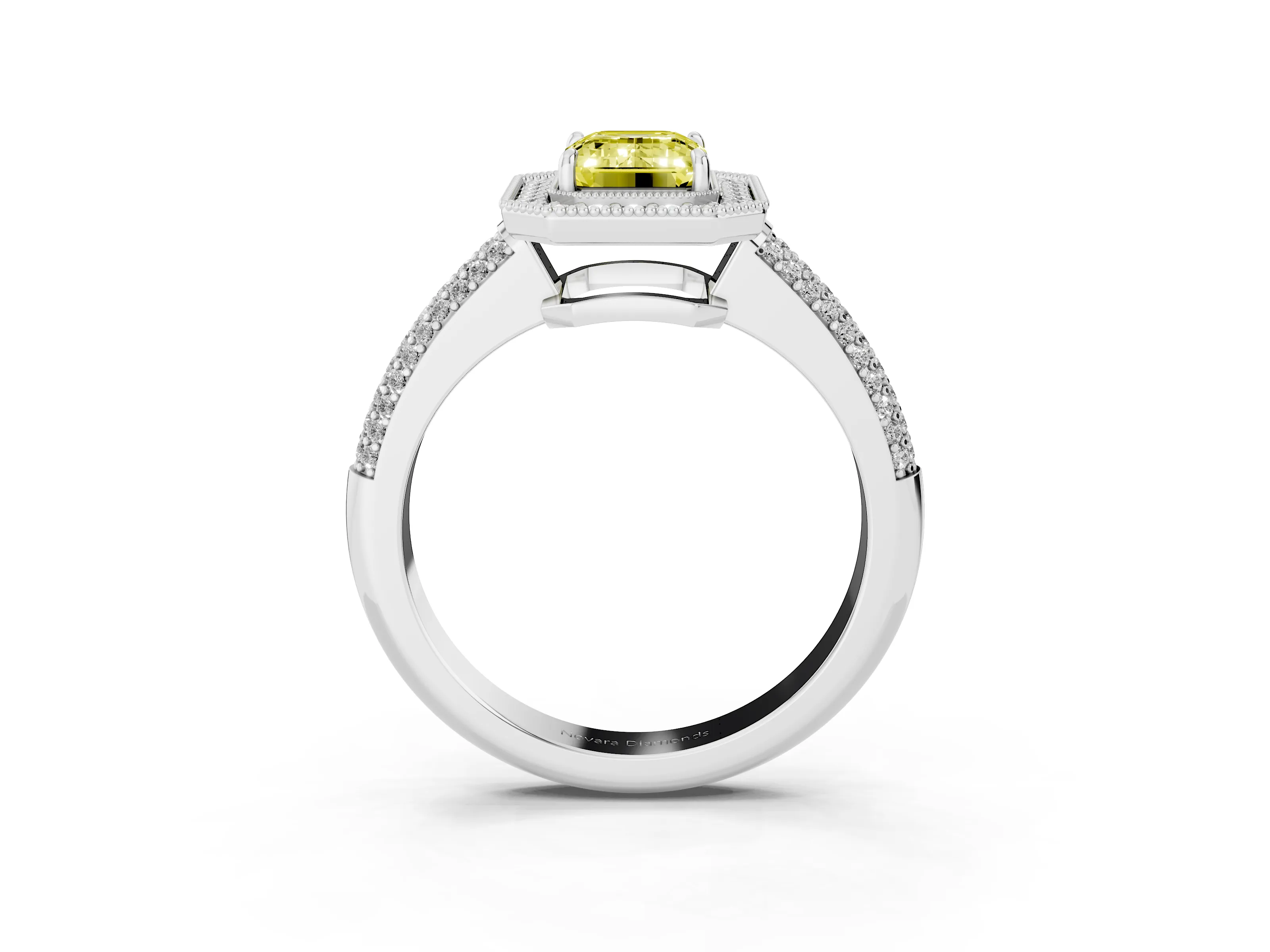 Fancy Yellow Emerald Cut Diamond Halo Pavé Band Set in Platinum with Prong Setting