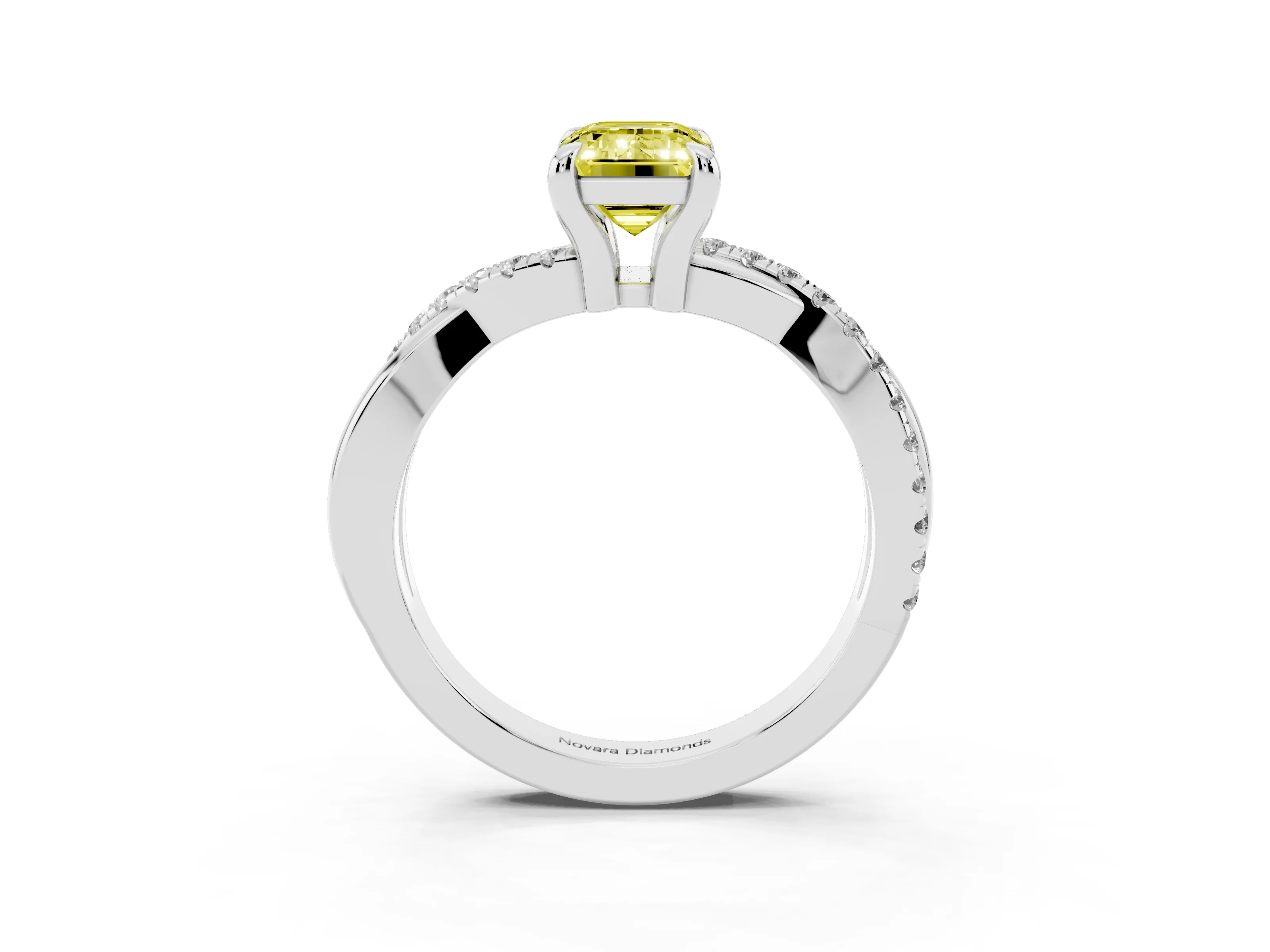 Fancy Yellow Emerald Cut Diamond Twist Band Solitaire Set in White gold with Pavé Accents and Prong Setting