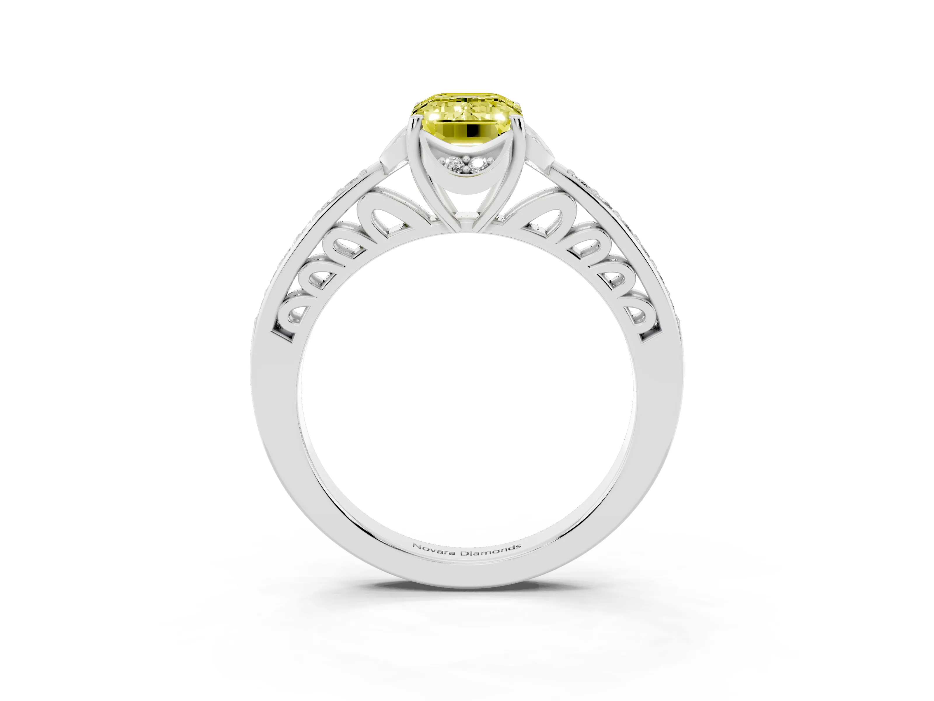 Fancy Yellow Emerald Cut Diamond Halo Ring Set in White gold with Channel Set Band and Prong Setting