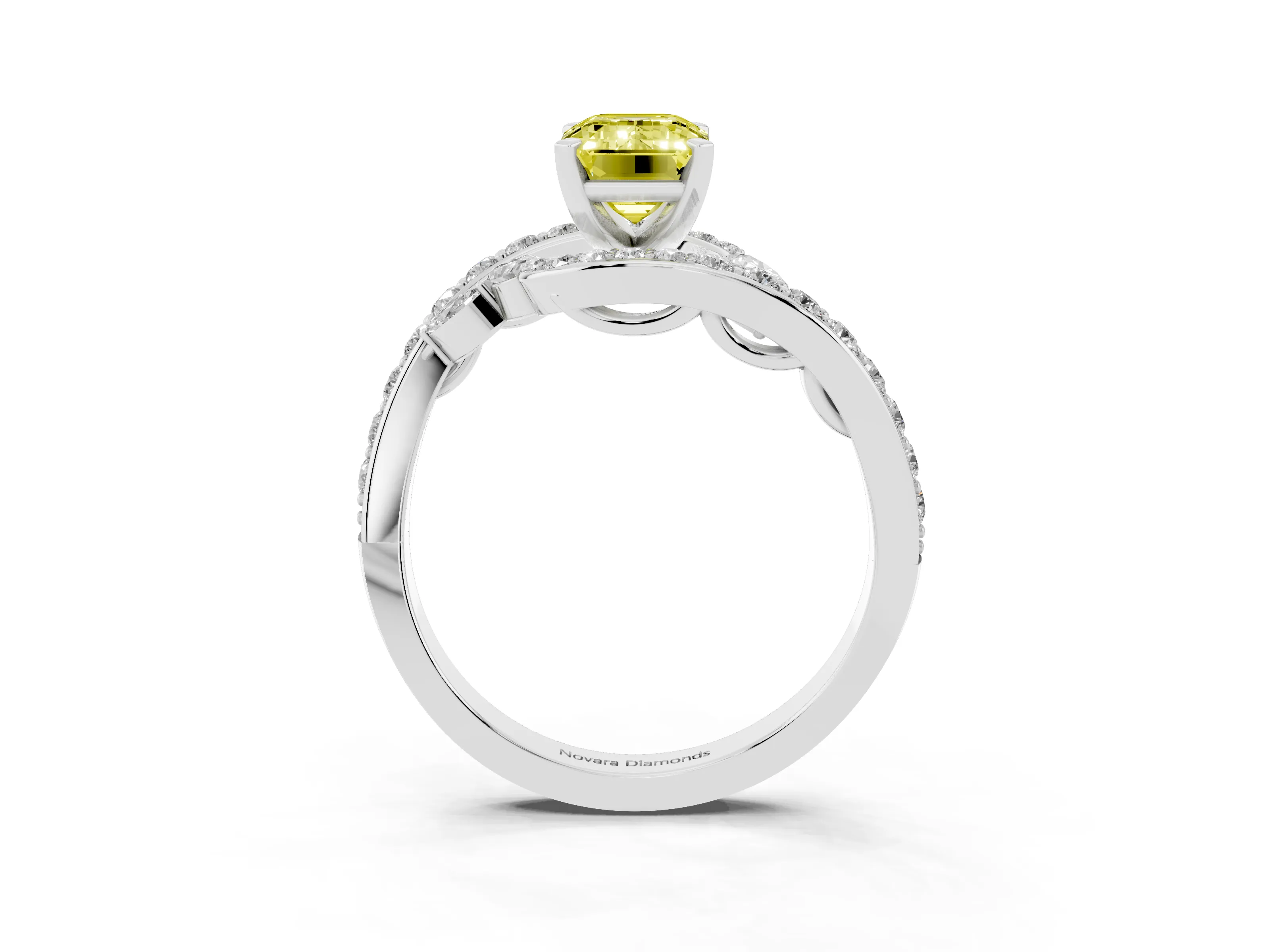 Fancy Yellow Emerald Cut Diamond Solitaire Ring Set in White gold with Pavé Twist Band and Secure Prong Setting
