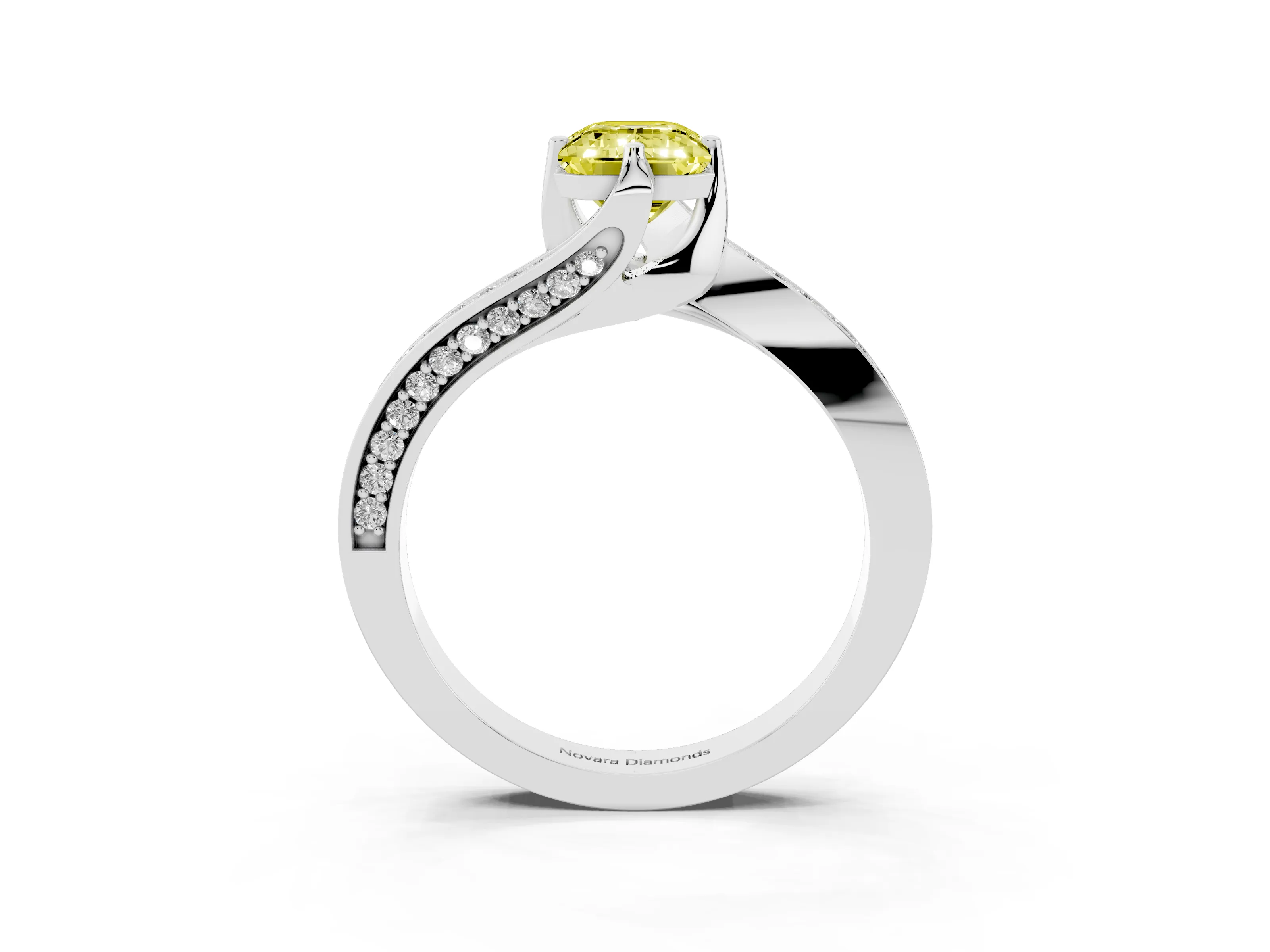 Fancy Yellow Emerald Cut Diamond Solitaire Ring Set in Silver with Intertwined Pavé Twist Band