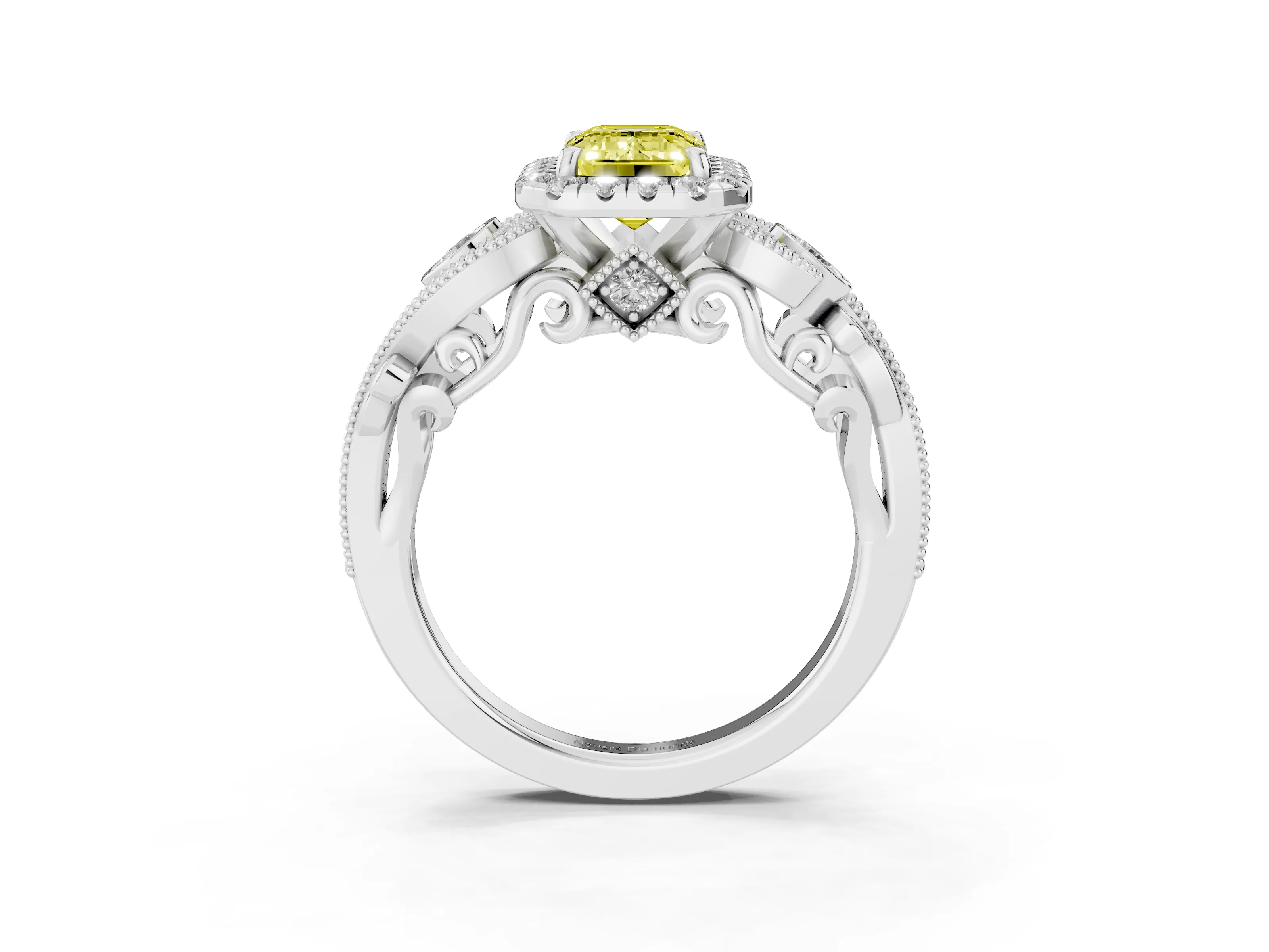 Fancy Yellow Emerald Cut Diamond Halo Ring Set in Silver with Milgrain Pavé Band and Prong Setting