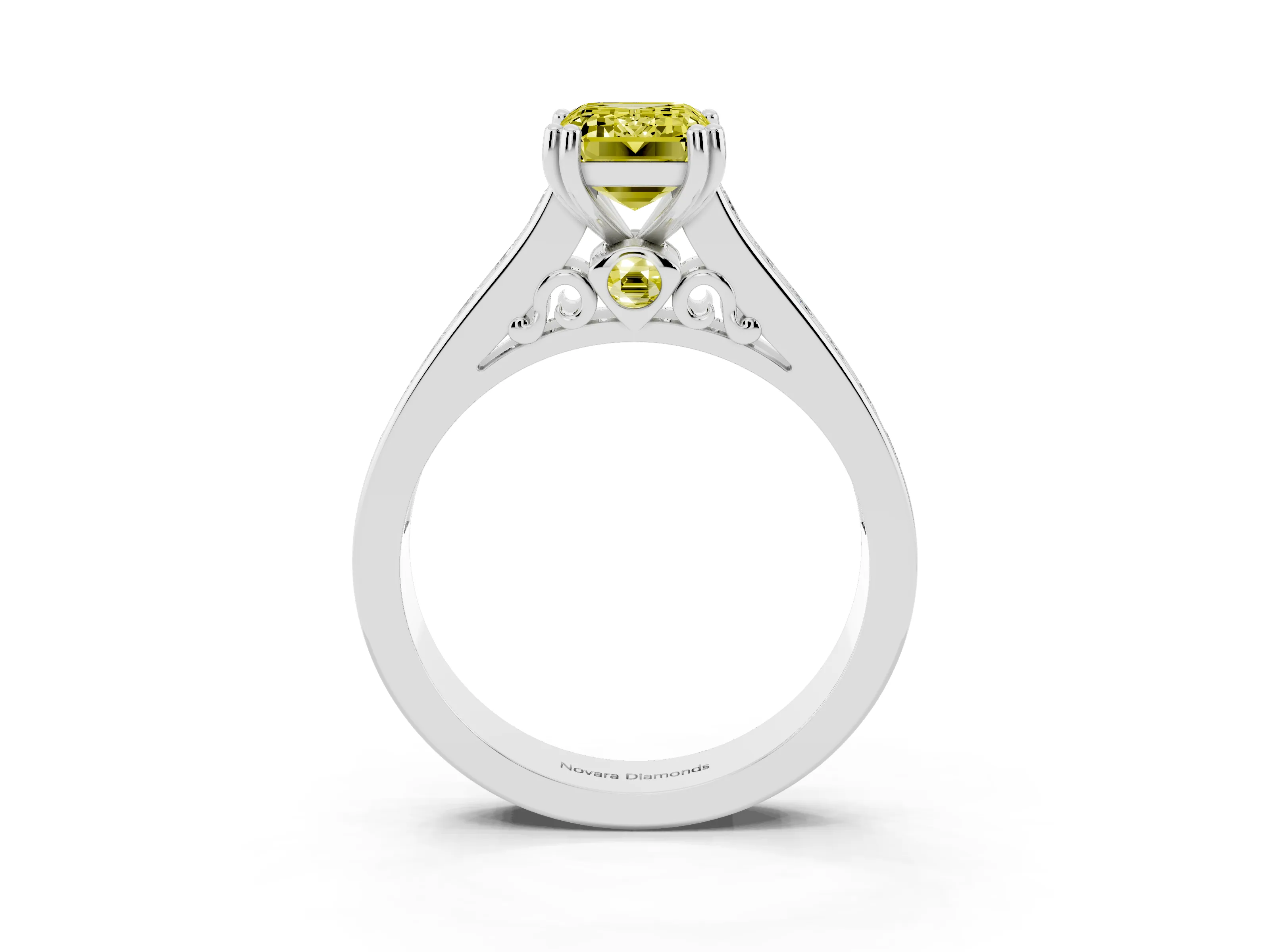 Fancy Yellow Emerald Cut Diamond Channel Set Solitaire Engagement Ring Set in Platinum with Prong Setting
