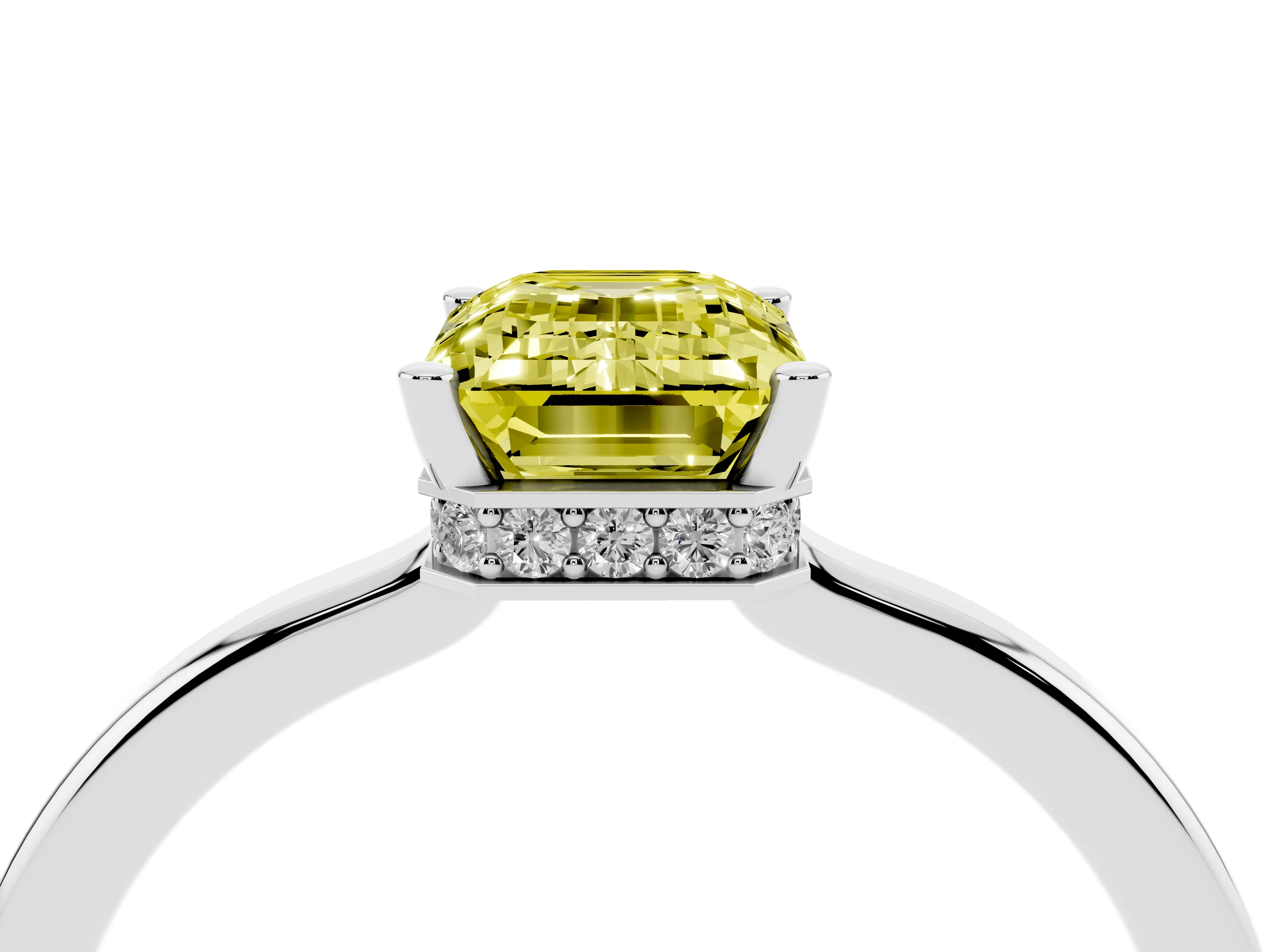 Fancy Yellow Emerald Cut Diamond Solitaire Engagement Ring Set in Platinum with Prong Setting on a Plain Band