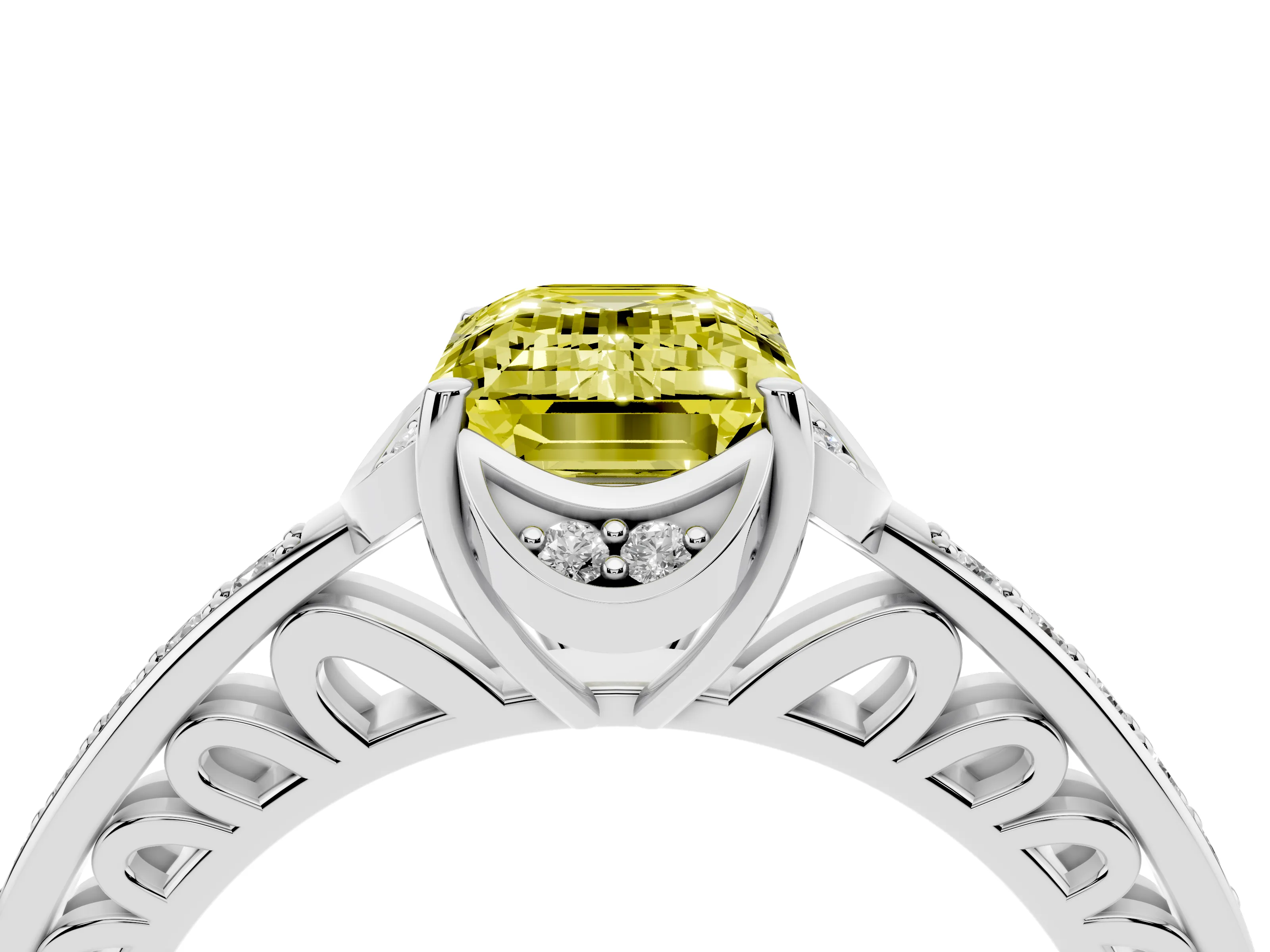 Fancy Yellow Emerald Cut Diamond Halo Ring Set in White gold with Channel Set Band and Prong Setting