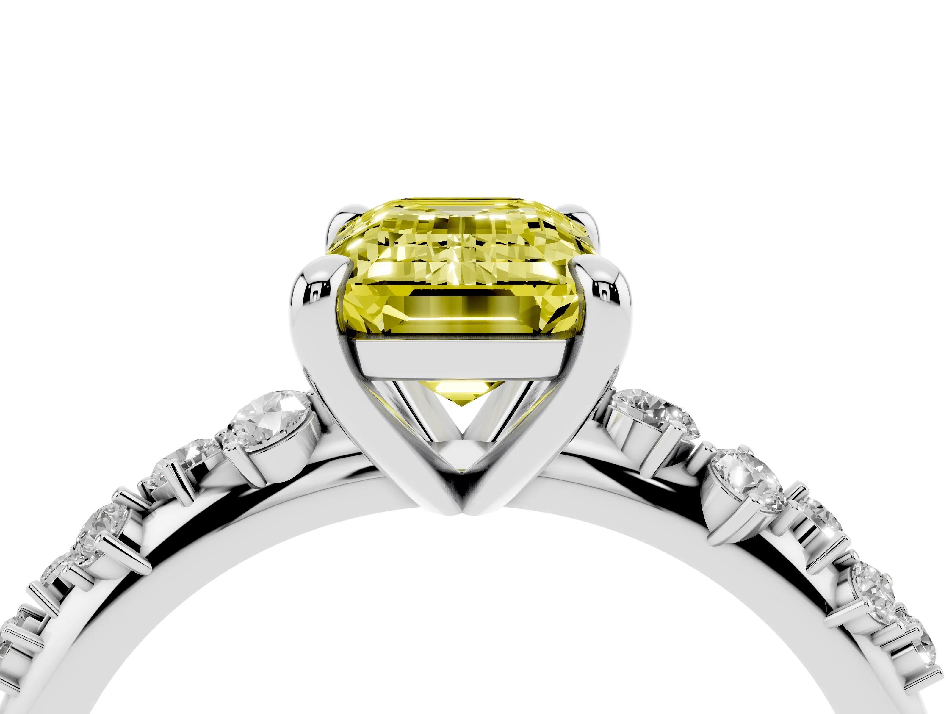 Fancy Yellow Emerald Cut Diamond Solitaire Vine Band Ring Set in White gold with Round Accents and Prong Setting