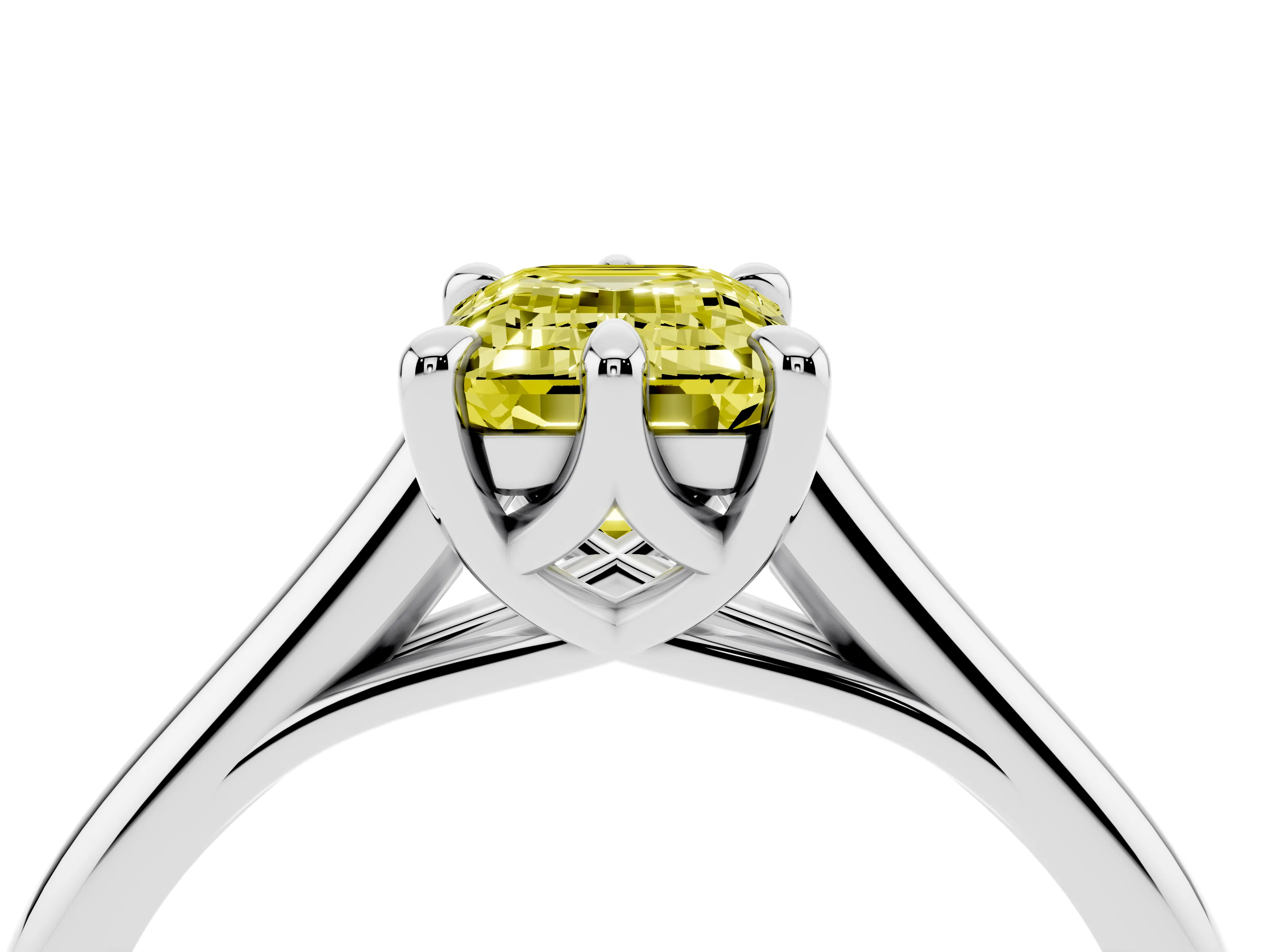 Fancy Yellow Emerald Cut Diamond Solitaire Engagement Ring Set in Platinum with Prong Setting and Plain Classic Band