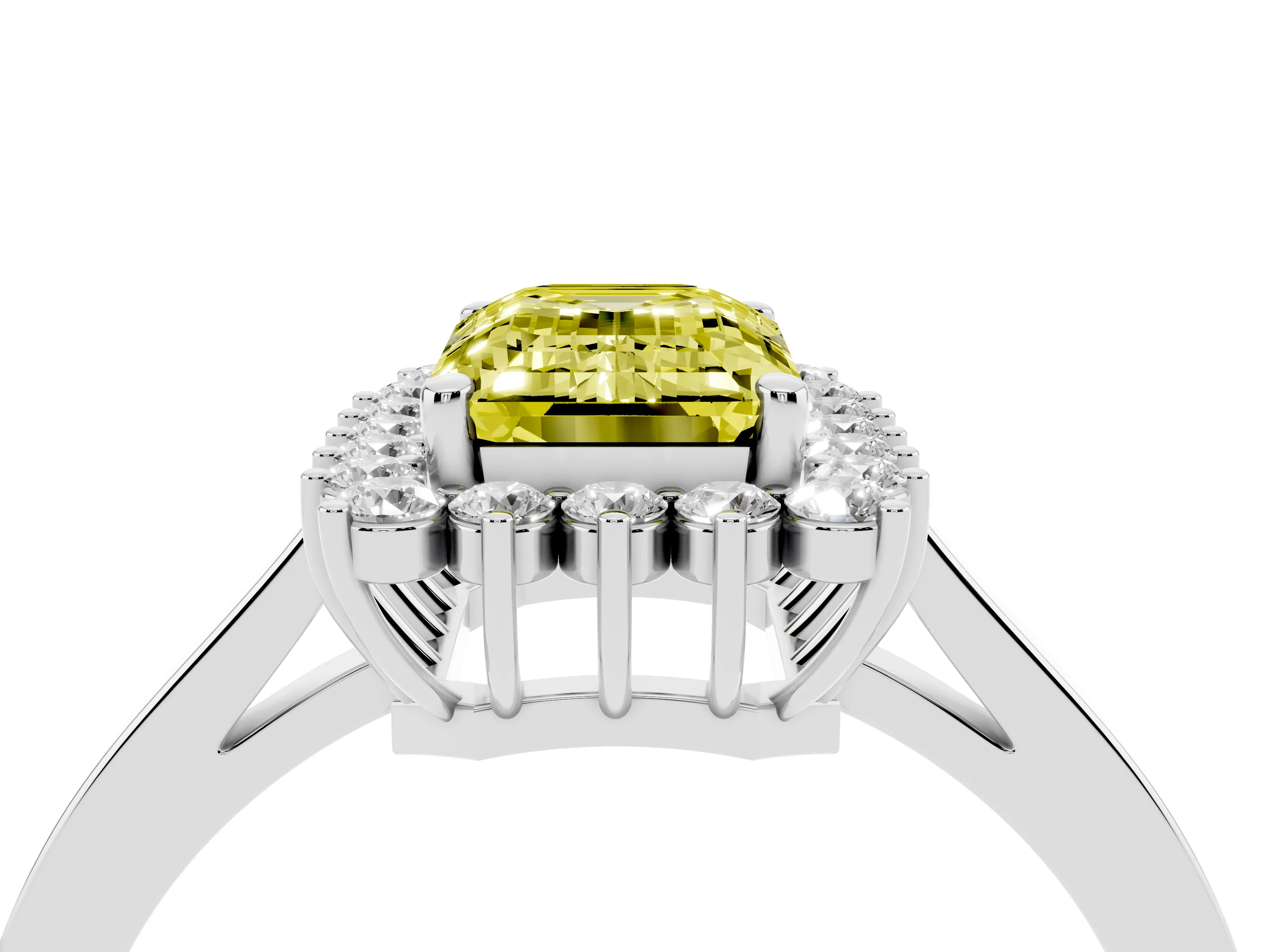 Fancy Yellow Emerald Cut Diamond Halo Ring Set in White gold with Round Halo and Smooth Solitaire Band
