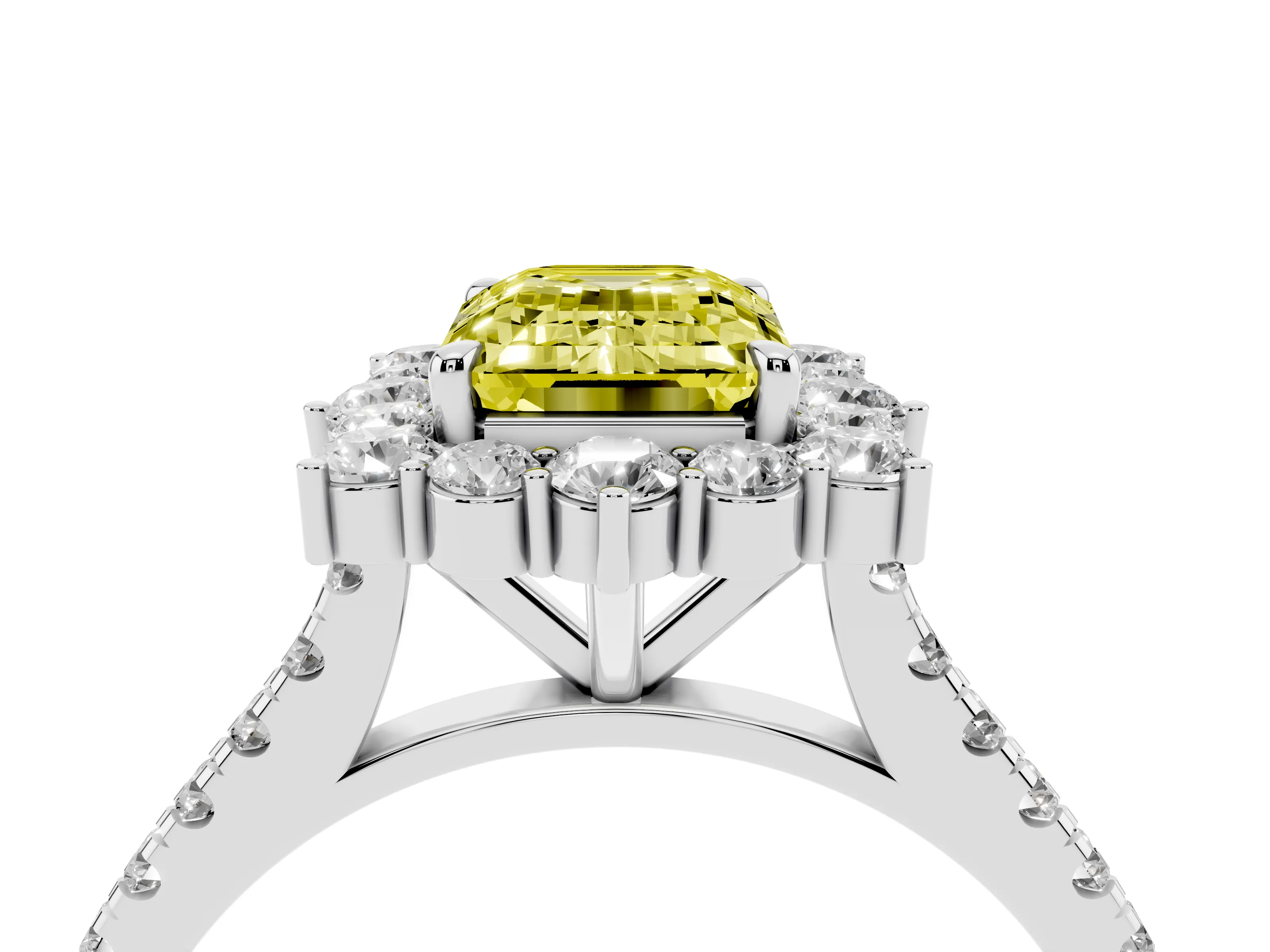 Fancy Yellow Emerald Cut Diamond Halo Ring Set in Platinum with Pavé Band and Prong Setting