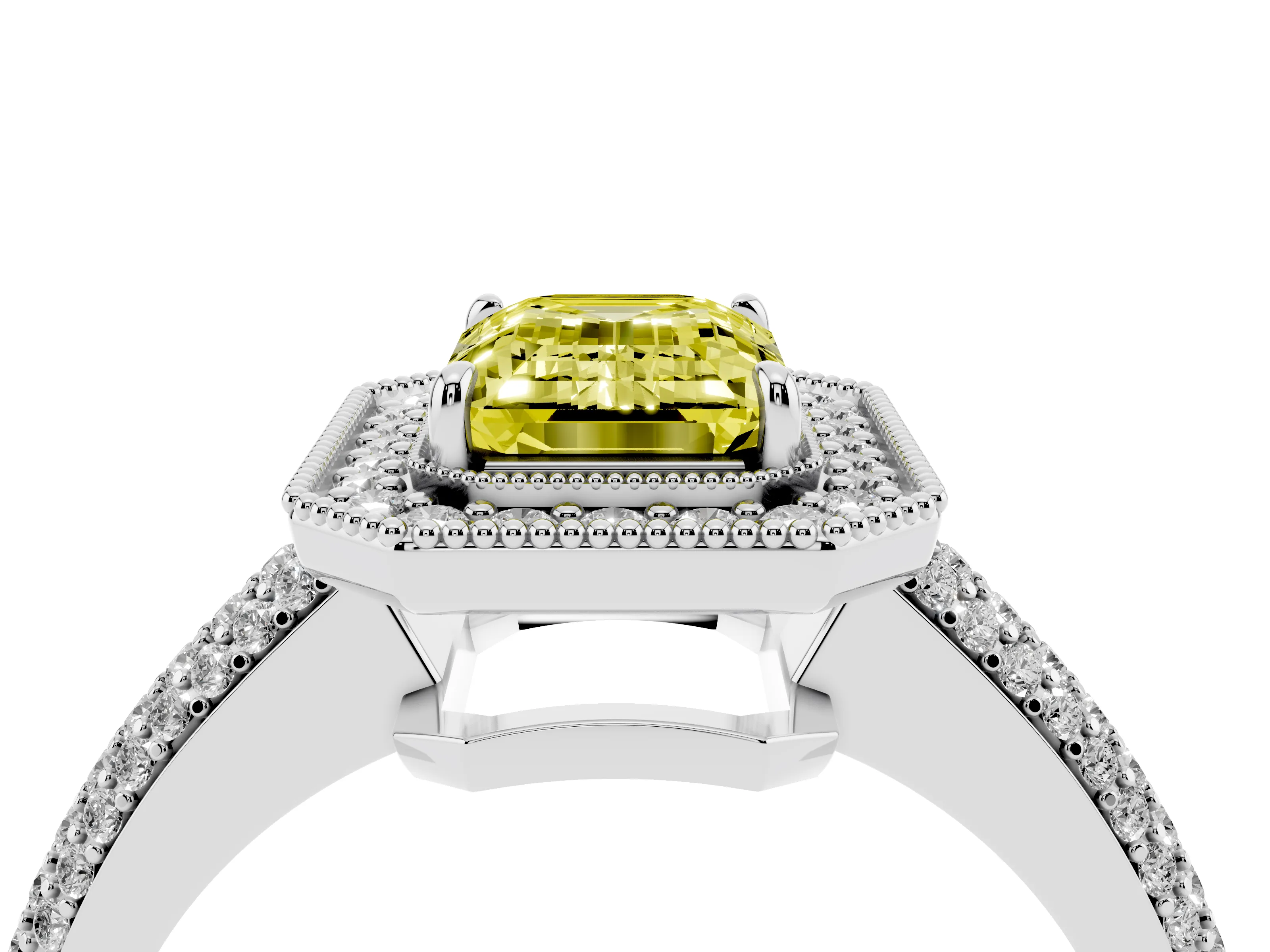 Fancy Yellow Emerald Cut Diamond Halo Pavé Band Set in Platinum with Prong Setting