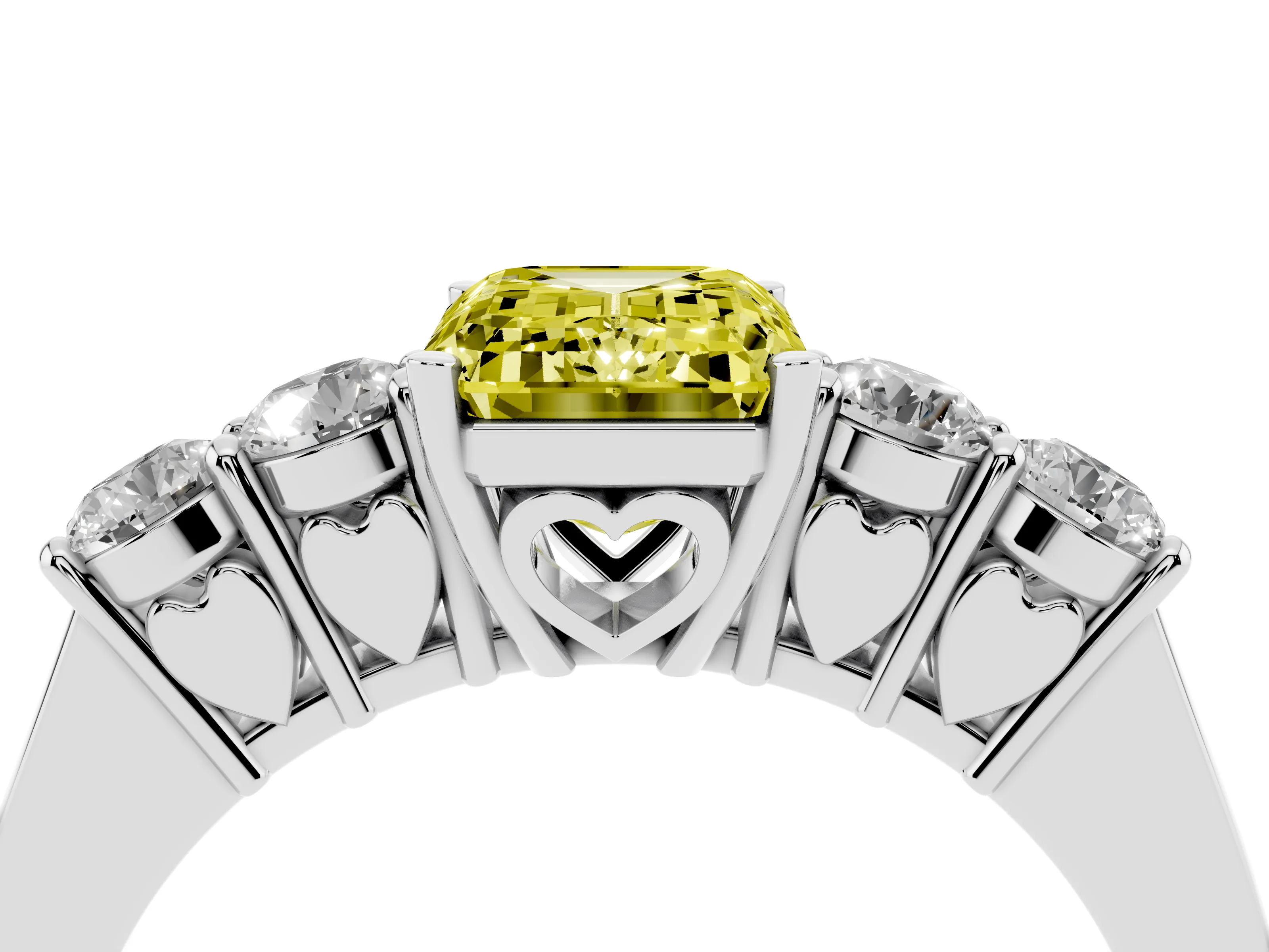 Fancy Yellow Emerald Cut Diamond Five-Stone Prong Set Band Ring Set in White gold with Polished Band