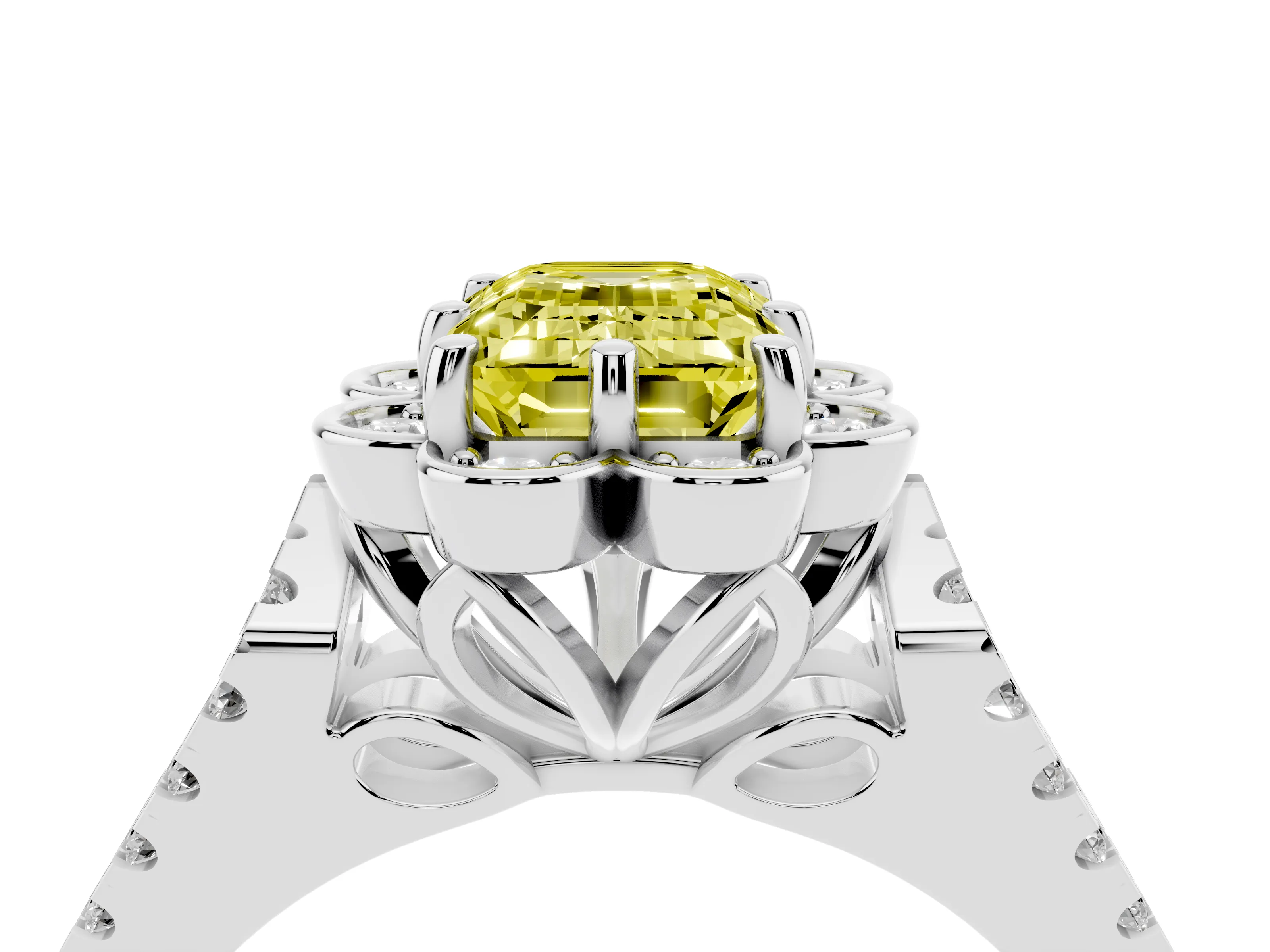 Fancy Yellow Emerald Cut Diamond Floral Halo Split Shank Engagement Ring Set in White gold with Pavé Shank